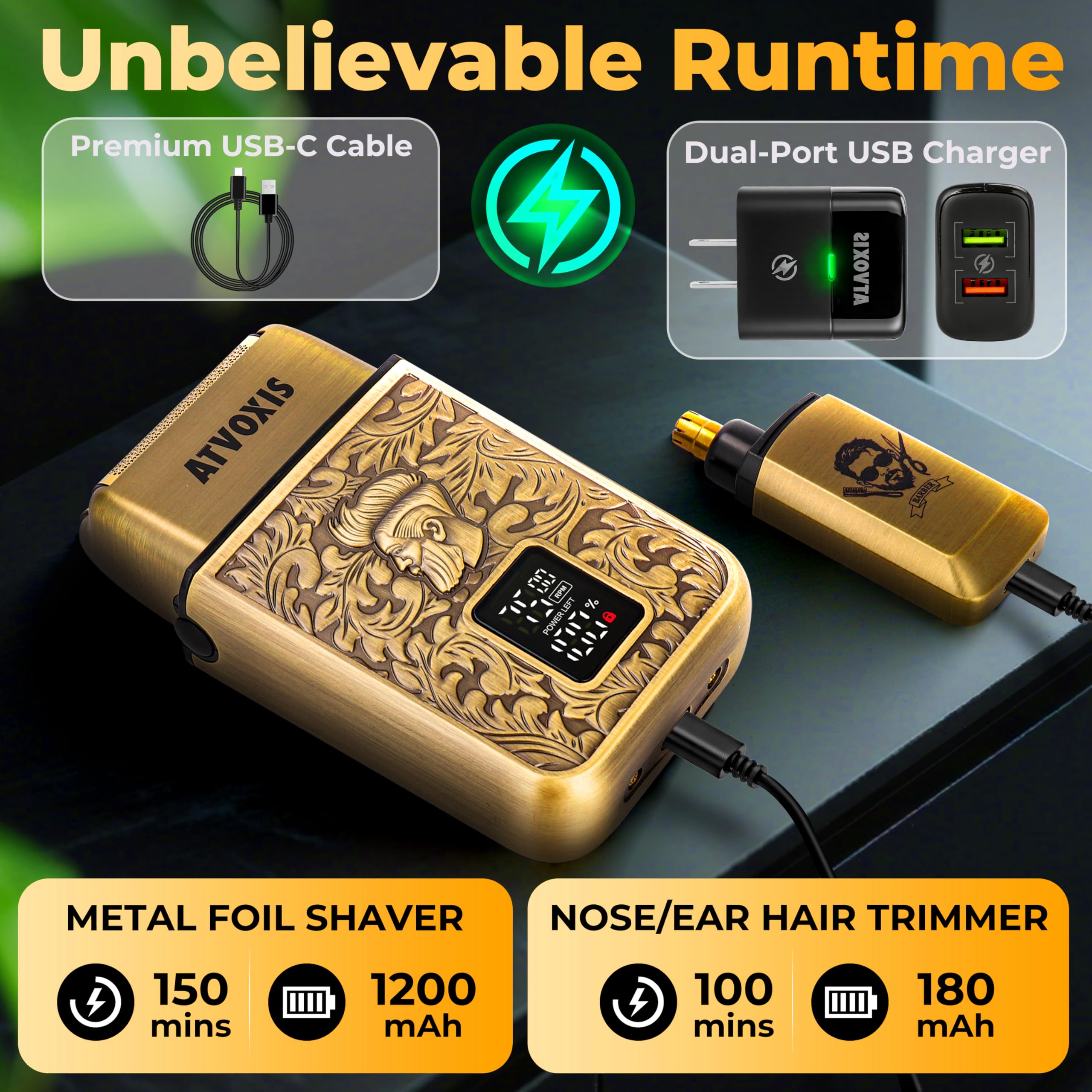 All-Metal 2-in-1 Foil Shaver & Nose/Ear Hair Trimmer, 3-Speed, USB-C