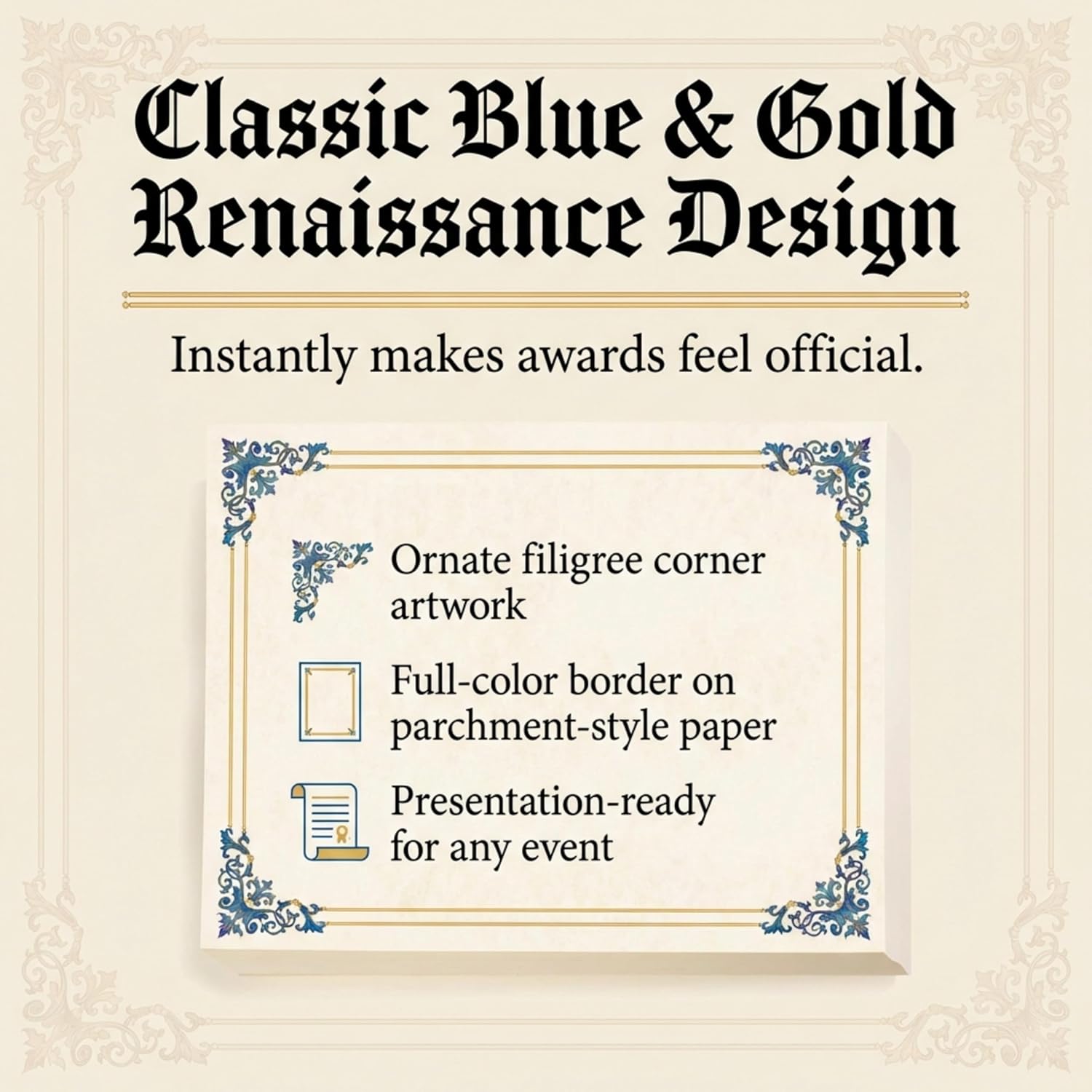 PaperDirect Renaissance Certificates,100 Sheets of 28lb White Paper, 8½" x 11", Blue and Gold Filigree Accents Border, Perfect for Awards, Students, Employees, Volunteers, Course Completion, Diplomas