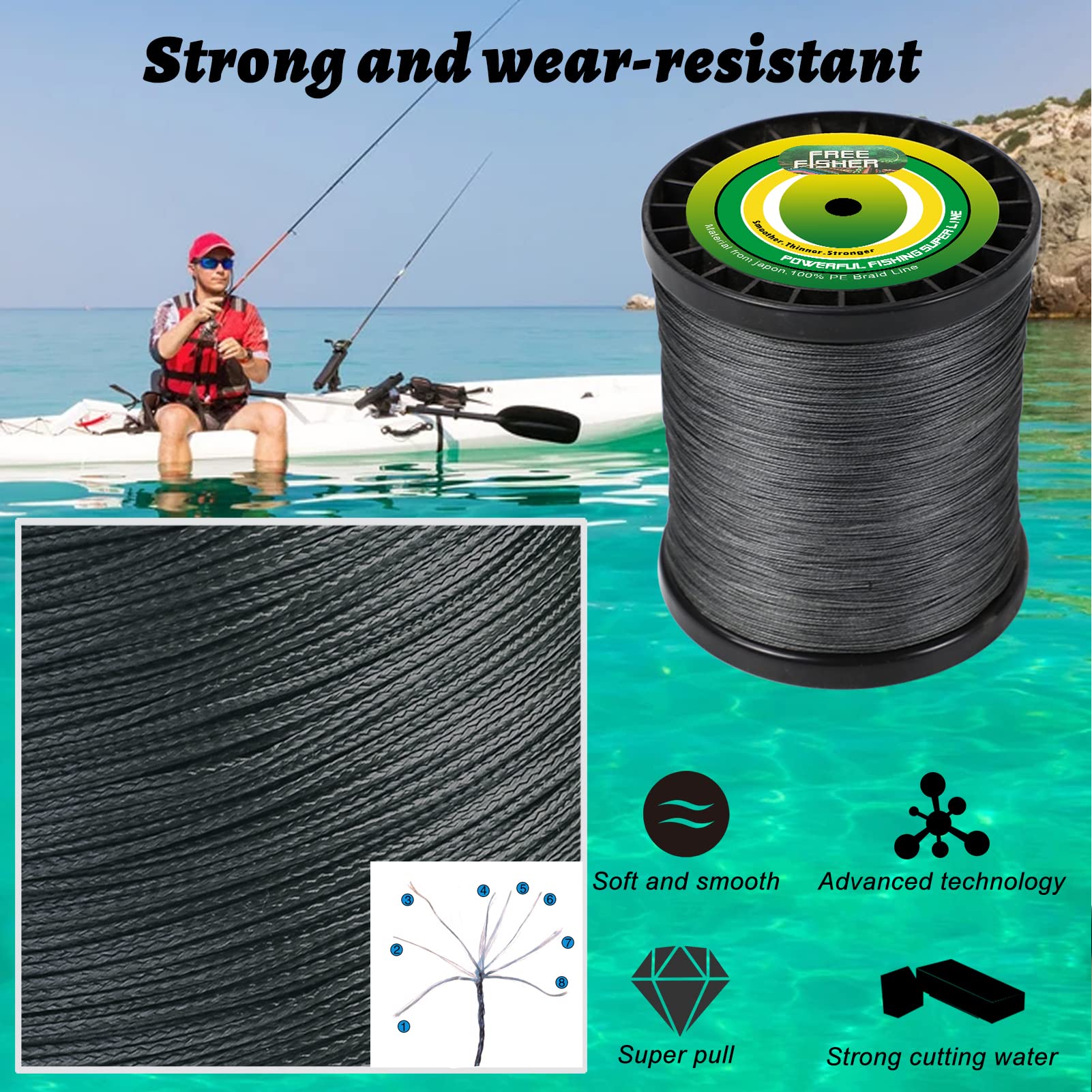 8 Brins Ligne de Pêche Tressée en PE 1000m Fil de Pêche de Haute Performance 120-150LB pour Pêche en Mer