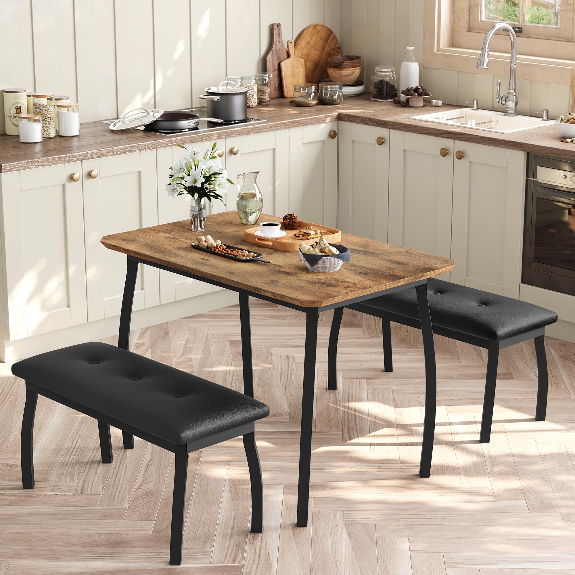 Set di 3 pezzi con tavolo da pranzo salvaspazio per 4 persone, con panca imbottita, moderno, rettangolare, in legno, tavolo e 2 comode panche in pelle PU, per sala da pranzo, cucina, bar, ristorante