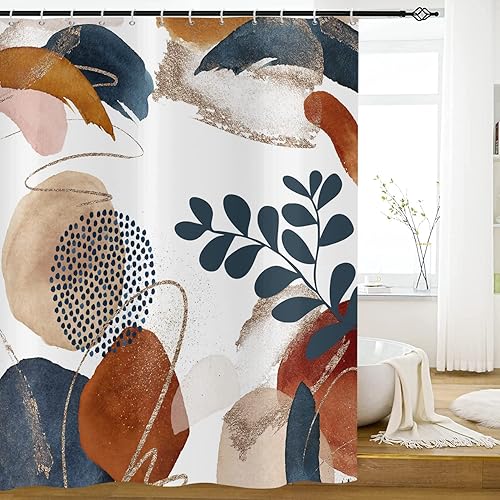 CRTPOD Cortina de ducha bohemia abstracta de mediados de siglo azul marino dorado colorido moderno geométrico hojas plantas neutral minimalista