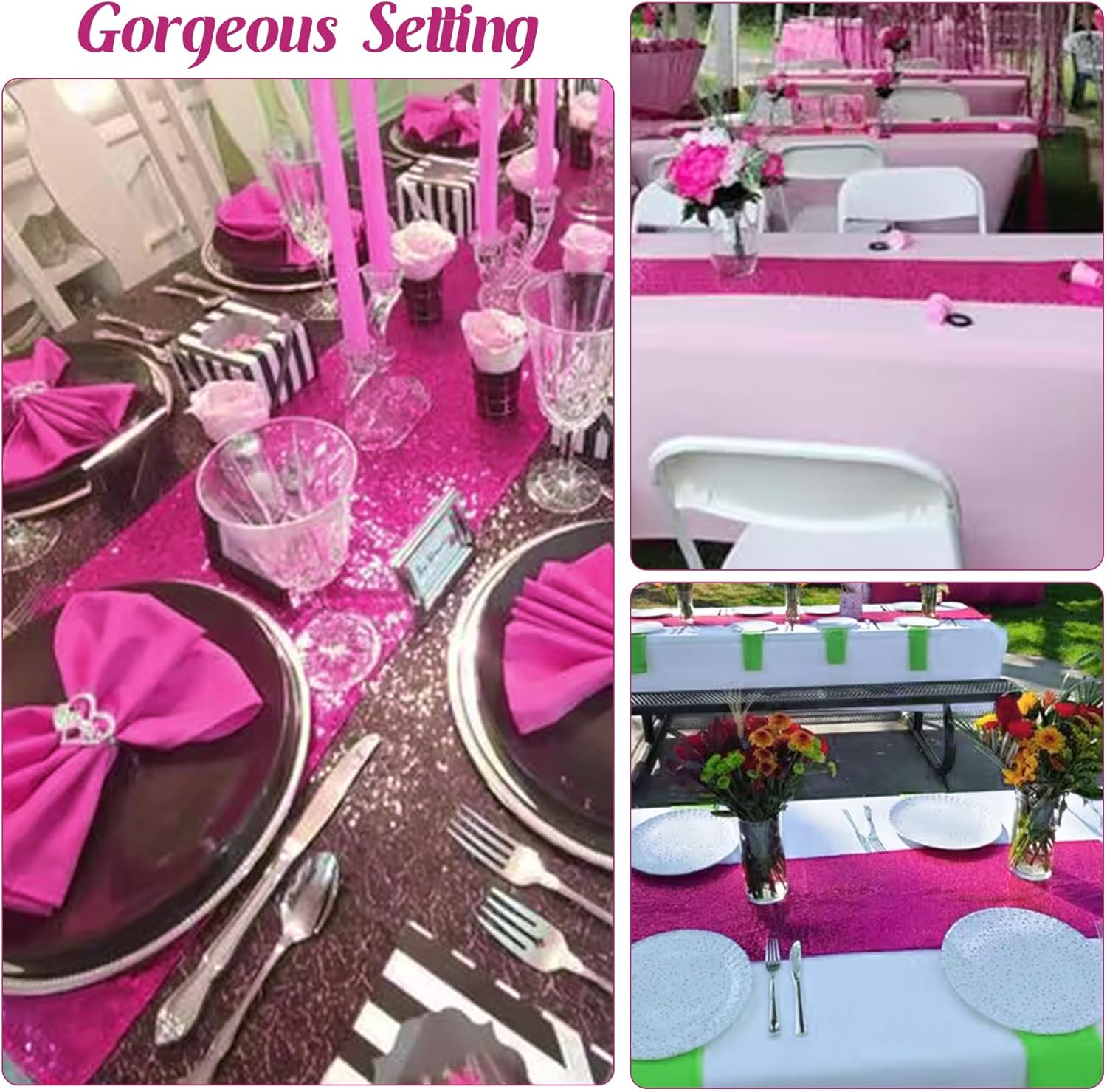 6 Pack Hot Pink Valentine's Day Sequin Table Runner 12" x 72" Sparkle Table Runner for Baby Bridal Shower Wedding Birthday Party Table Decor (Hot Pink)