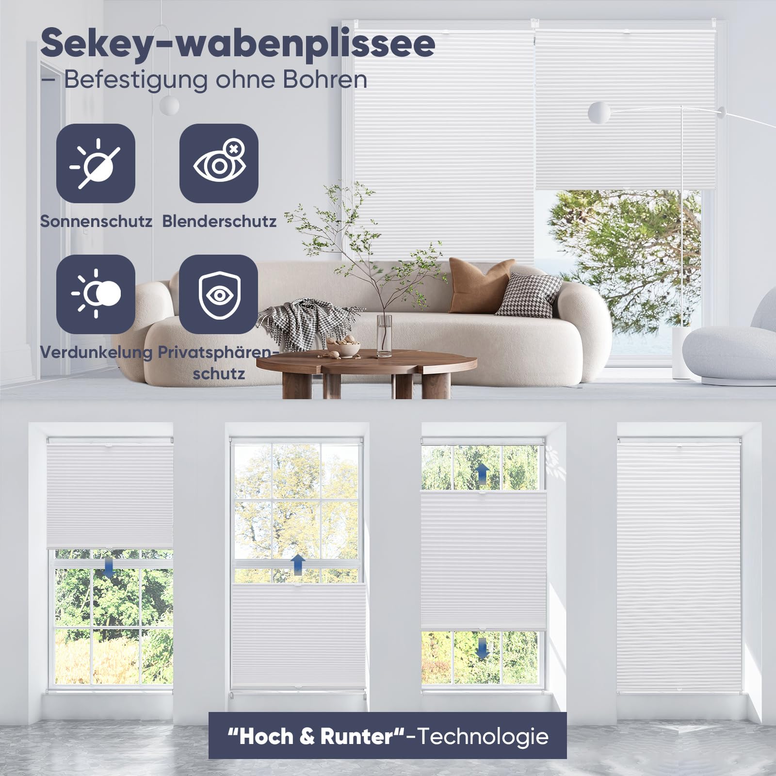 Sekey Plissees für Fenster ohne Bohren Blickdicht Plissee Klemmfix Nahtlos Elegant Halb-Wabenplissee, 110x130cm, Weiß & Grau