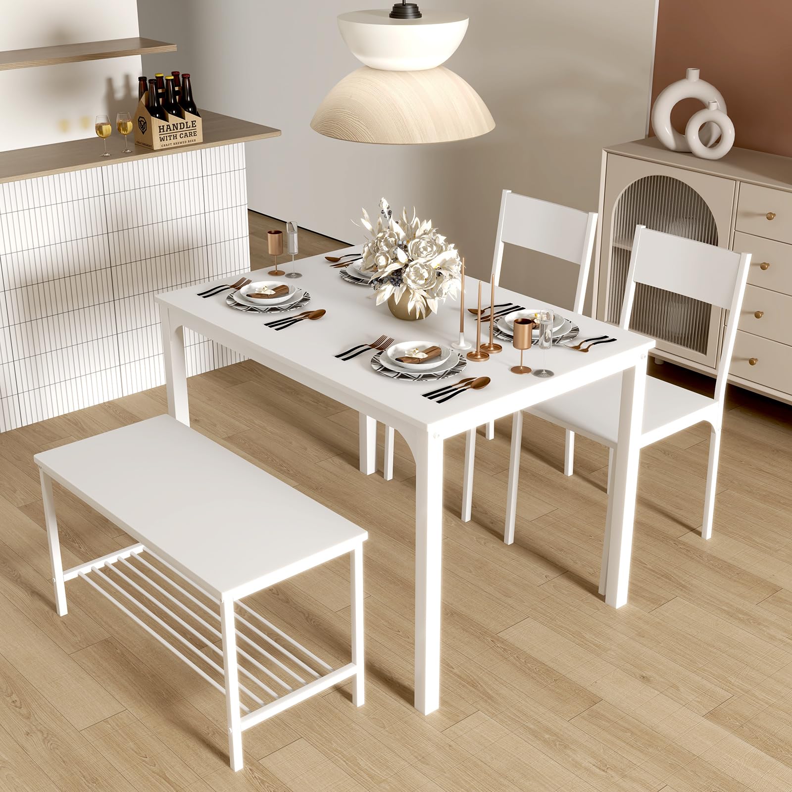 Juego de mesa de comedor de cocina de 43.3 pulgadas, juego de 2 sillas para 4 personas con banco, juego de mesa de ahorro de espacio para apartamento, restaurante, cafetería, color blanco 2