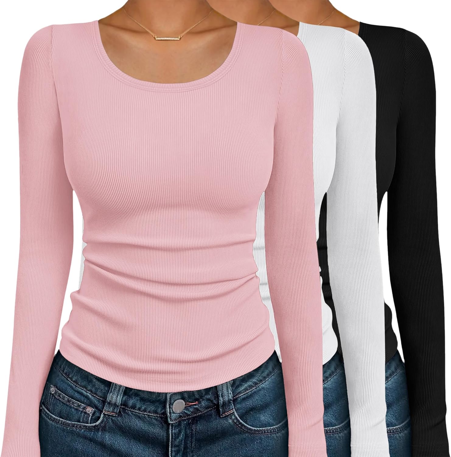Ekouaer Womens Long Sleeve Shirts 3 Packs Scoop Neck Ribbed Tops Fitted Thermal Undershirt Soft Layering Tees XS-XXL