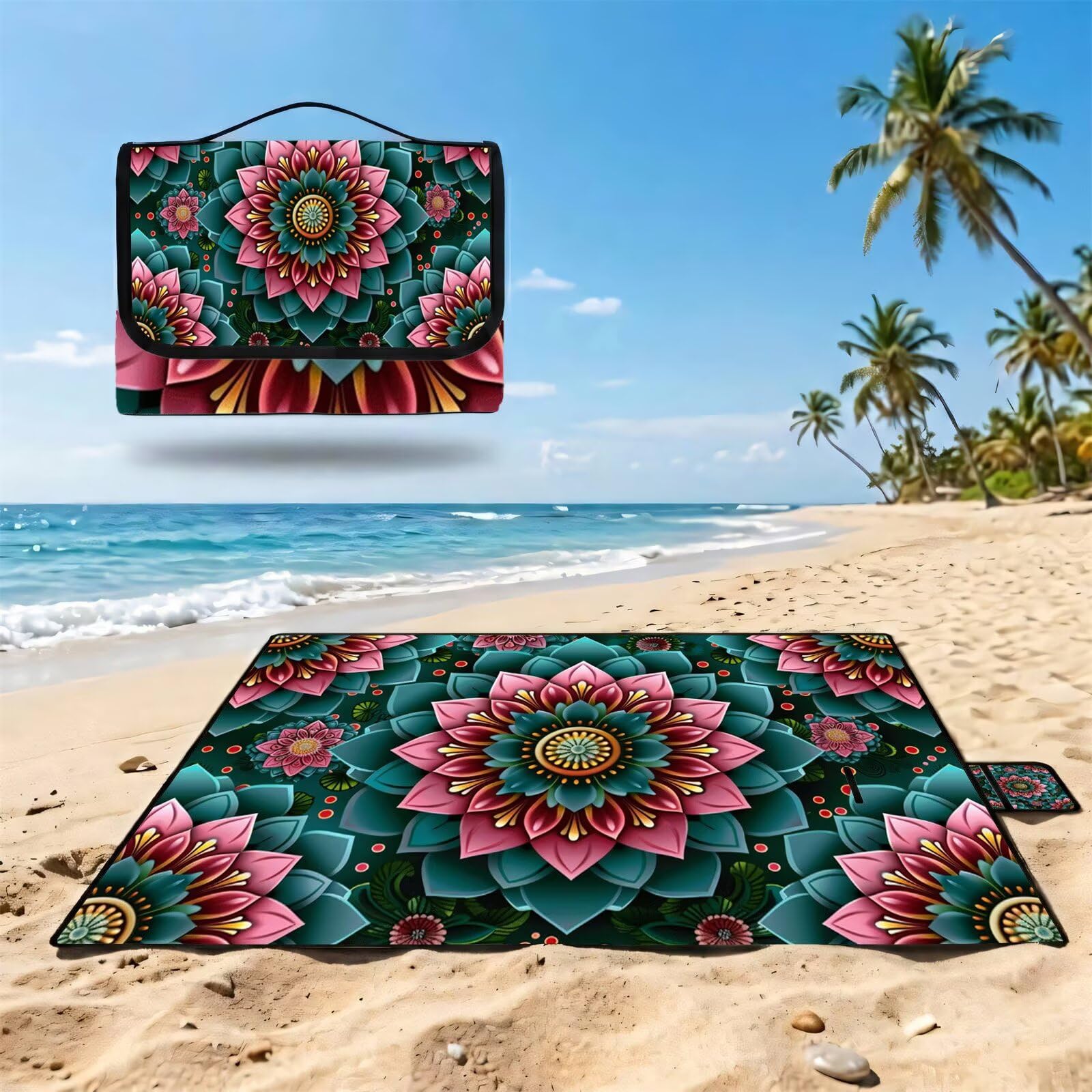 Grande Coperta de Picnic 200x300 cm, Mandala Manta Picnic Impermeable Anti-Sabbia Manta de Playa Pieghevole, Outdoor Picnic Blanket per Spiaggia, Camping, Giardino, Trekking - Turchese (2) FZ-75