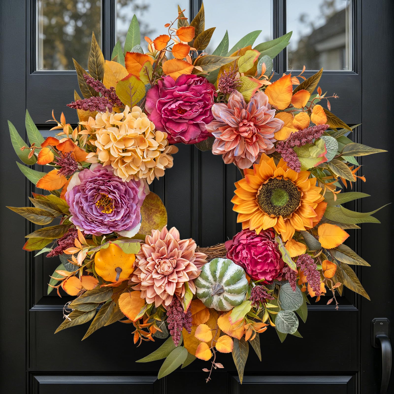 Pinkpuii 24 Inch Artificial Fall Wreaths with Sunflower, Peony