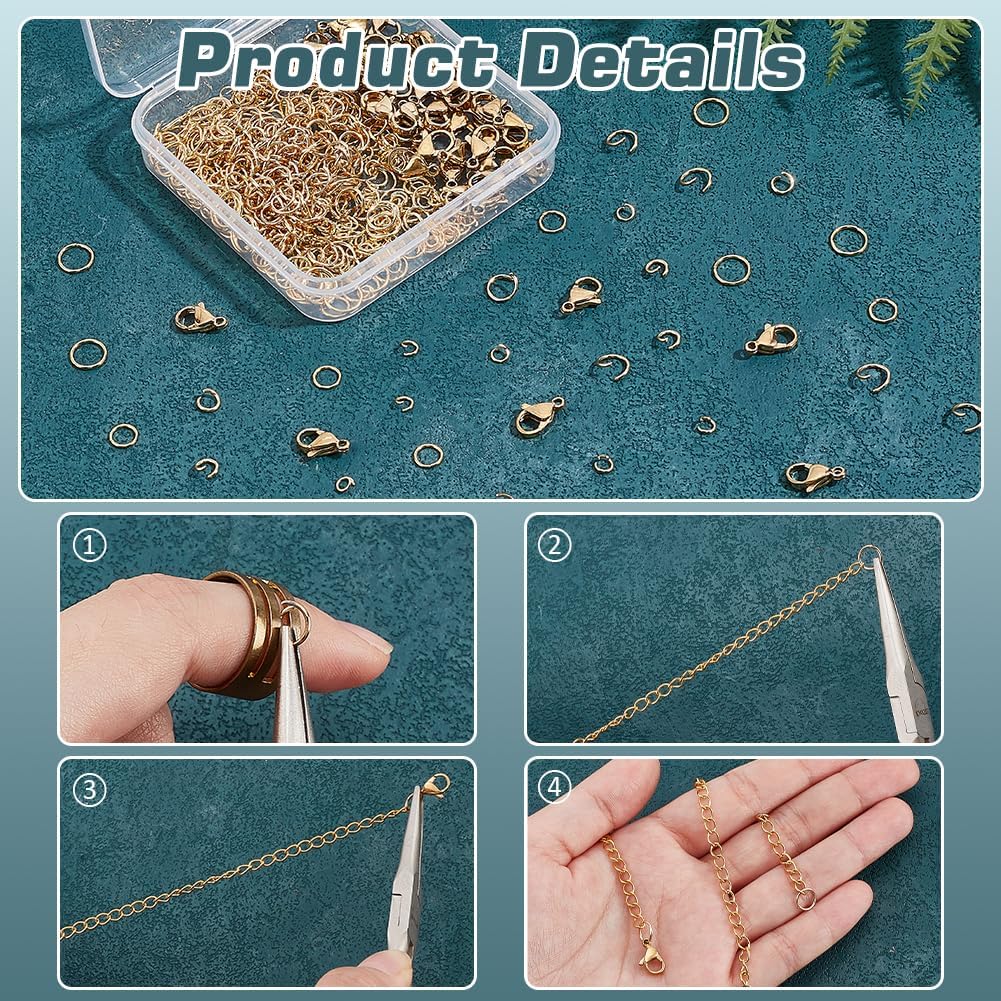 PH PandaHall 660pcs 18K Gold Open Jump Rings and Lobster Clasp, 600pcs 4/5/6/7/8mm Golden O Rings 60pcs 12x7mm Jewelry Clasp Stainless Steel Bracelet Necklace Closure Clasp for Jewelry Necklace Making