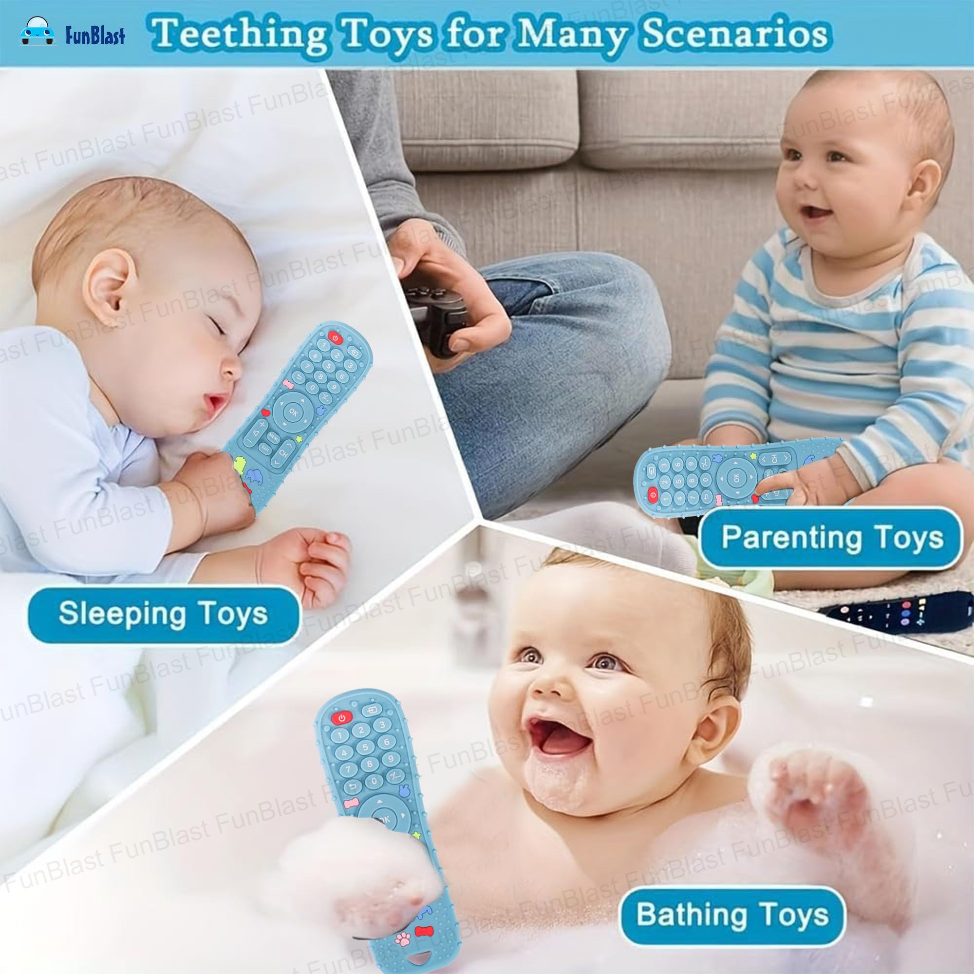 FunBlast Teether for Babies - Silicone Remote Teether for 3+ Month Baby & Toddlers, Teething Toys for Baby and Toddlers, Helps Biting Skills Development, Activity Toys for Babies (Blue) 1