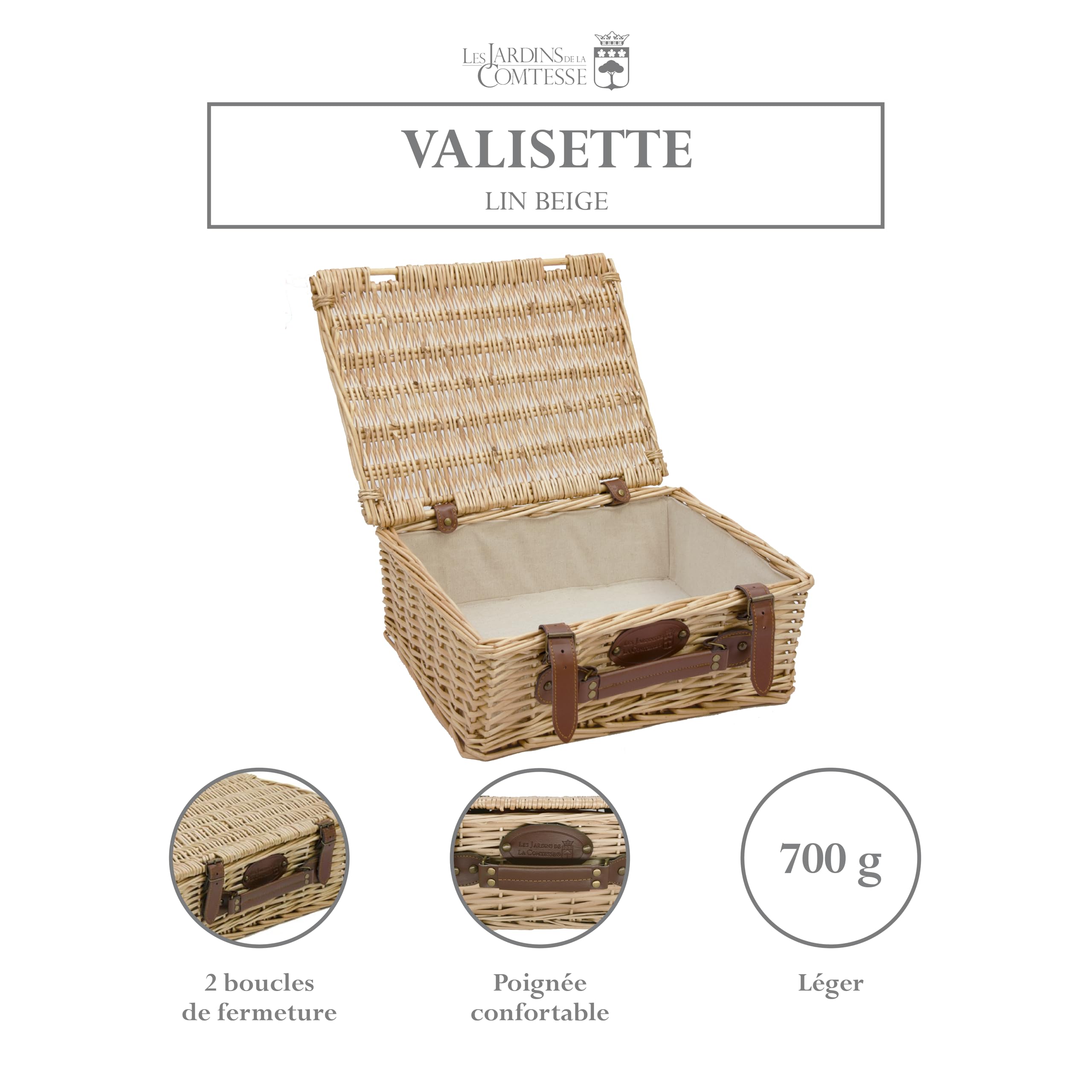 Les Jardins de la Comtesse - Cestino di vimini vuoto con tessuto beige - Dimensioni: 39x29x15cm