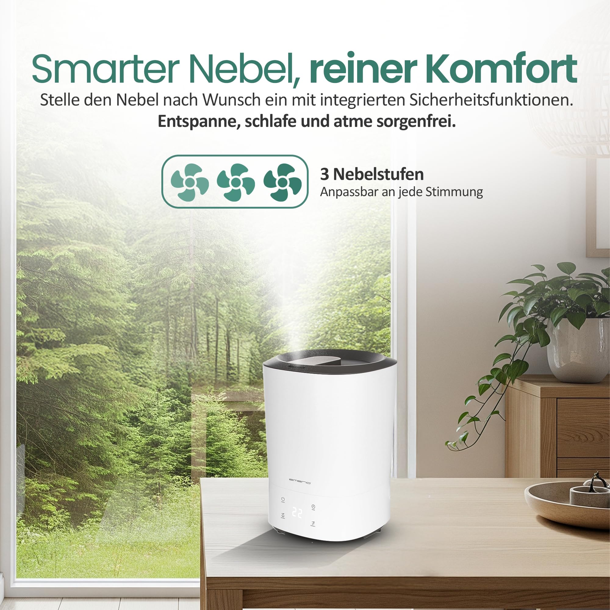 EMERIO Ultradźwiękowy nawilżacz powietrza z wymiennym filtrem wody, funkcja aromatu, wyświetlacz, 3 prędkości i super łatwe napełnianie od góry, ultralekki 35 db, do pomieszczeń do ok. 30 m²