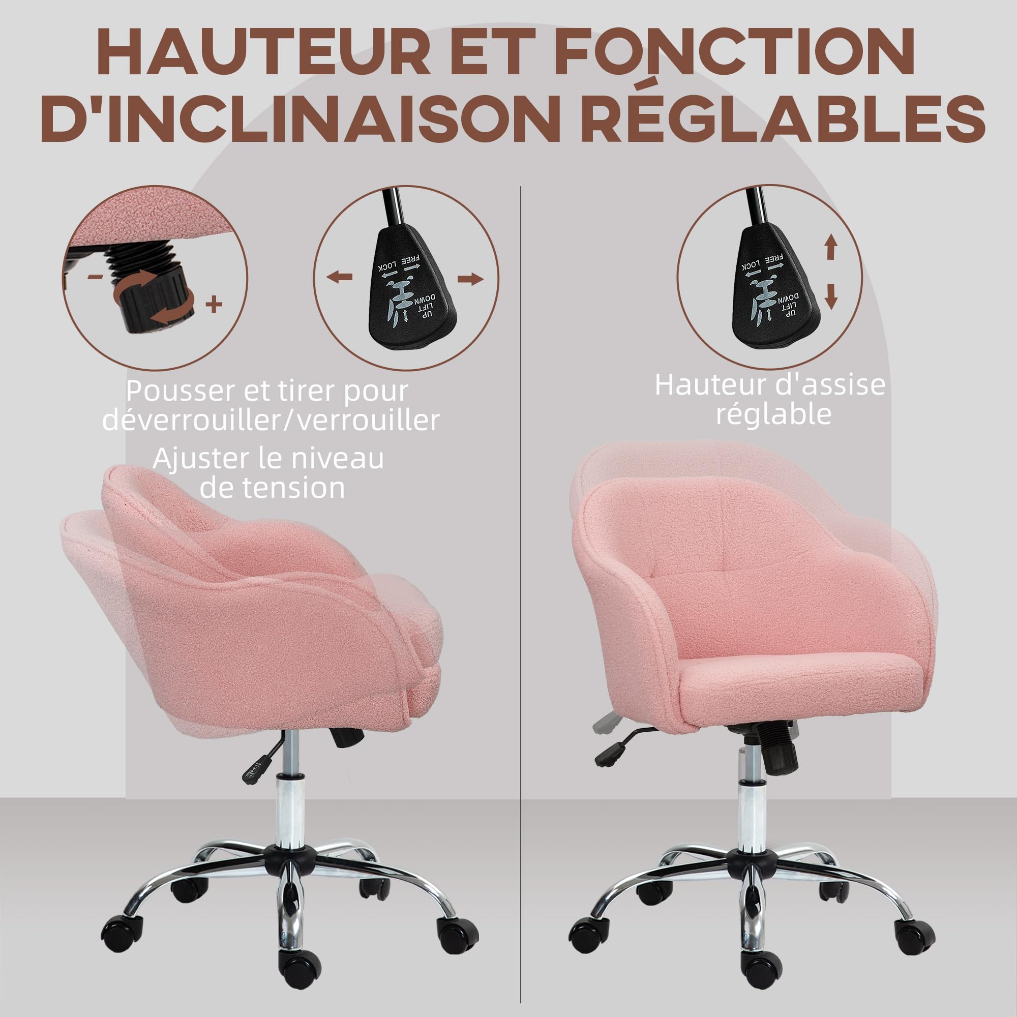 HOMCOM Chaise de Bureau Fauteuil de Bureau Teddy Hauteur Réglable Rose