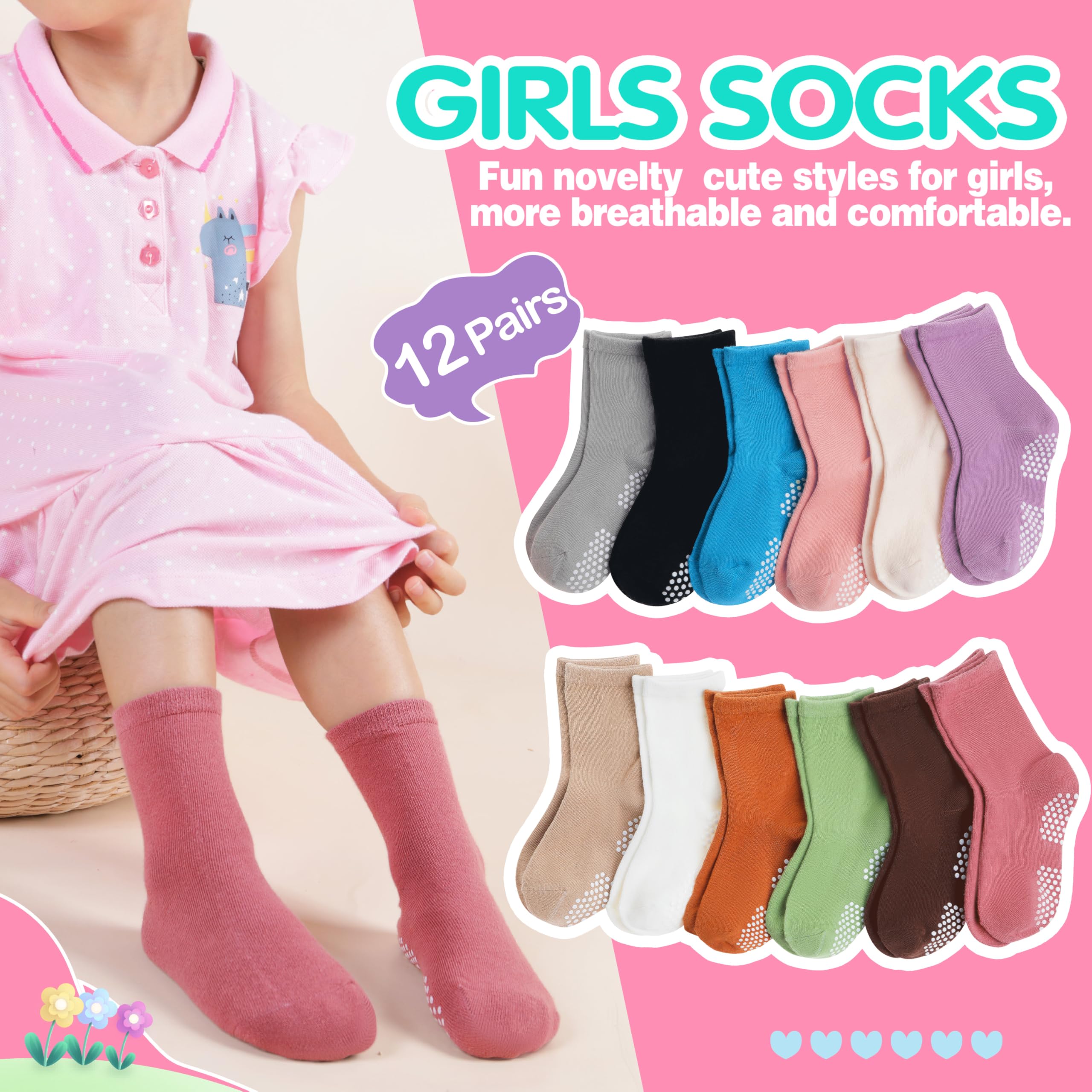 Welwoos Baby Girls Toddlers Grips Socks Kids Non Slip Anti Skid Gift Cotton Socks with Grippers 12 Pairs Stocking Stuffers(Solid Color,5-8Y)
