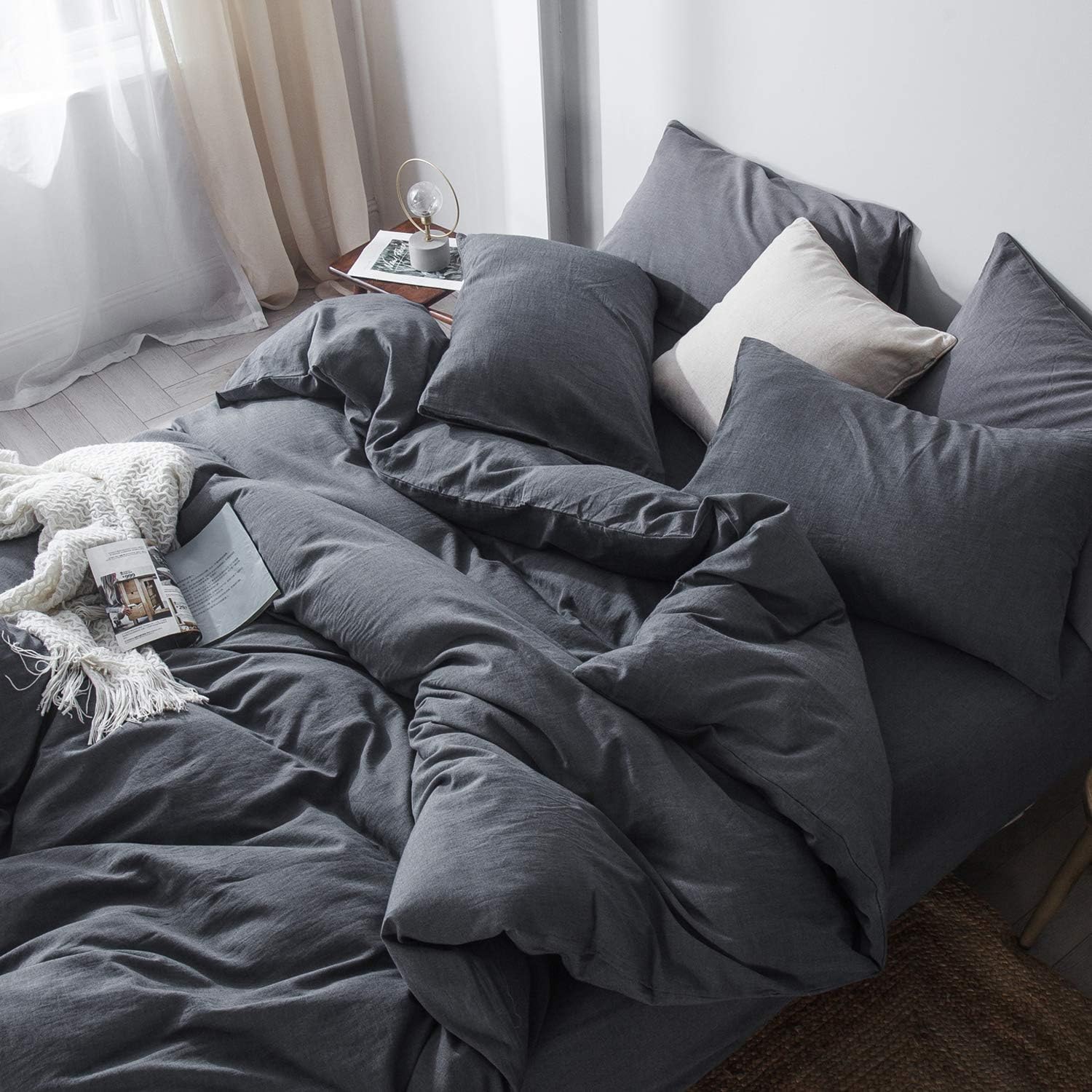 MooMee Pre-Washed Cotton Duvet Cover Set Super Soft Breathable Durable - Perfectly Casual Linen Look but Luxurious Feel (Heathered Dark Gray, King)