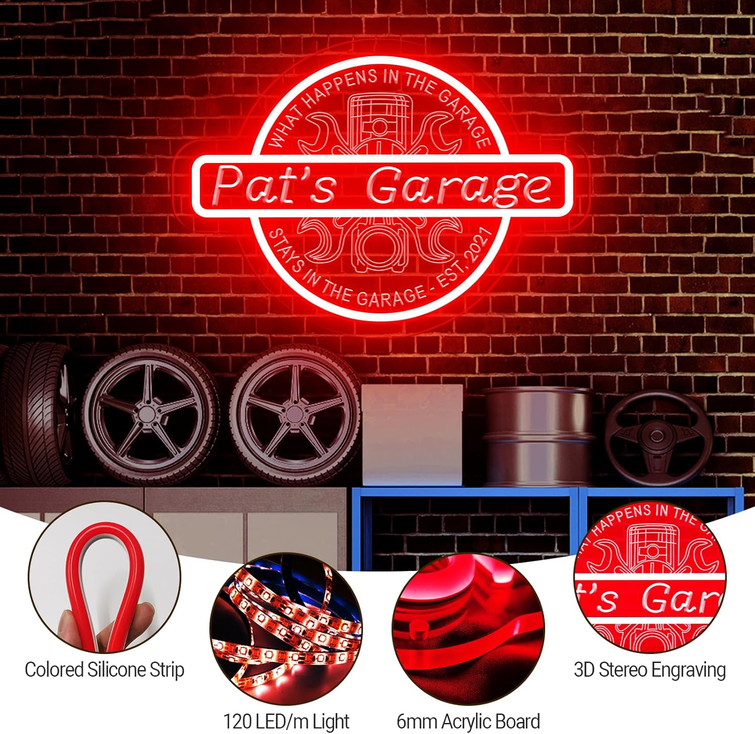 Custom Name Garage LED Neon Sign for Men Dad, Personalized Garage 3D Art Sign, Customizable Workshop Man Cave Acrylic Neon Light for Gift, Garage Light Up Sign for Wall Decor