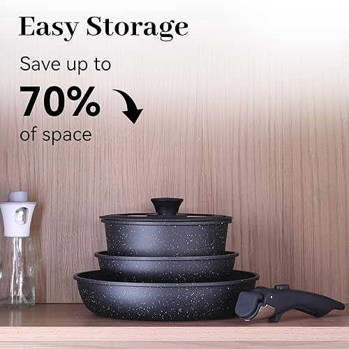 Miniatura 3 de Juego de 5 ollas y sartenes antiadherentes, juegos de utensilios de cocina con mango desmontable, juegos de utensilios de cocina de cerámica,