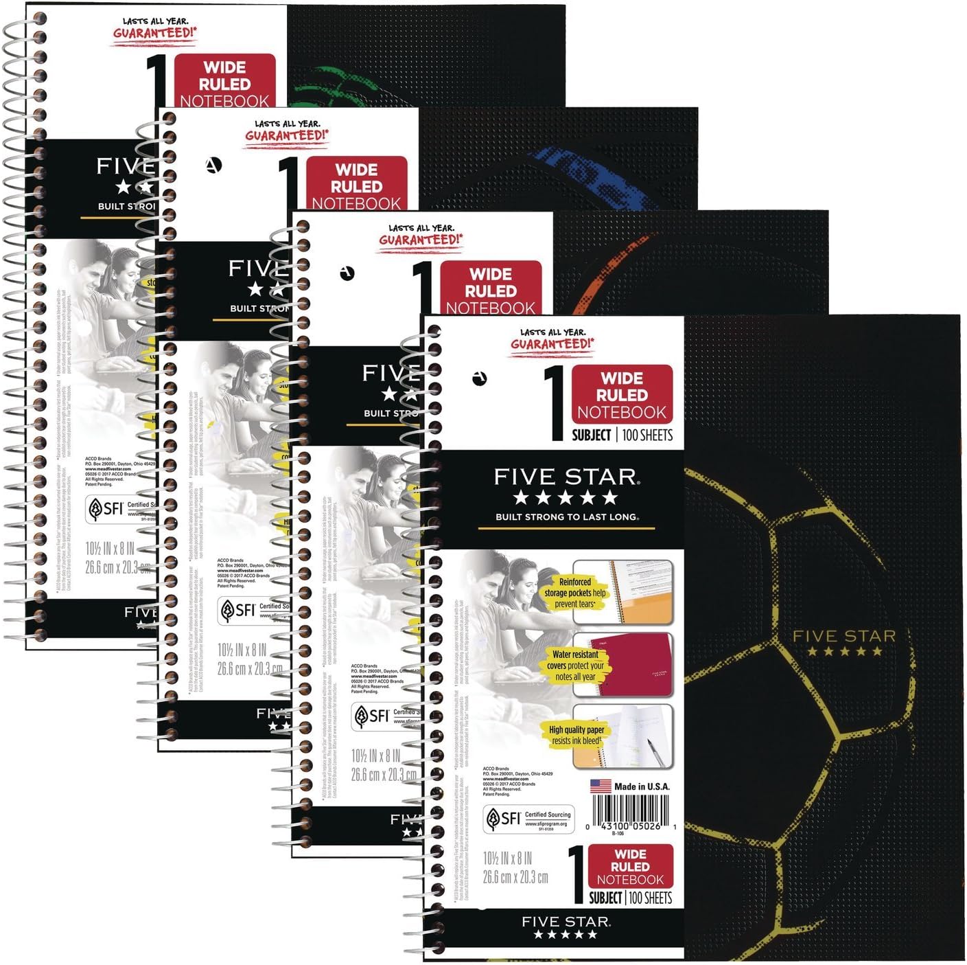 Five Star Spiral Notebook, 1 Subject, Wide Ruled Paper, 100 Sheets, 10-1/2" x 8", Sports, Football (05026AC8)