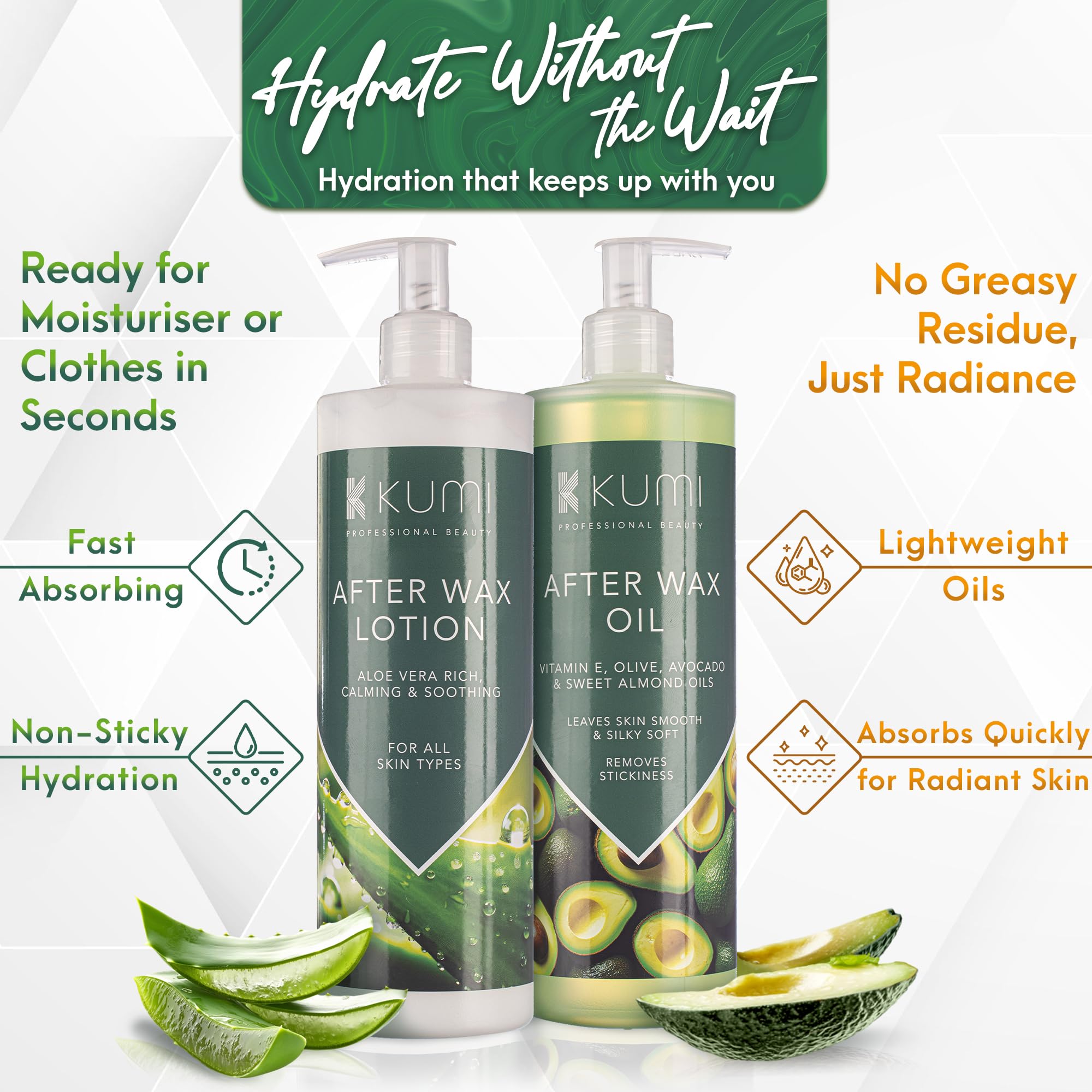 KUMI After Wax Care Duo: After Wax Oil with Sweet Almond & Avocado Oil + After Wax Lotion with Aloe Vera 500ml Each Soothes, Removes Residue, Hydrates Professional-Grade for Sensitive Skin - Image 4