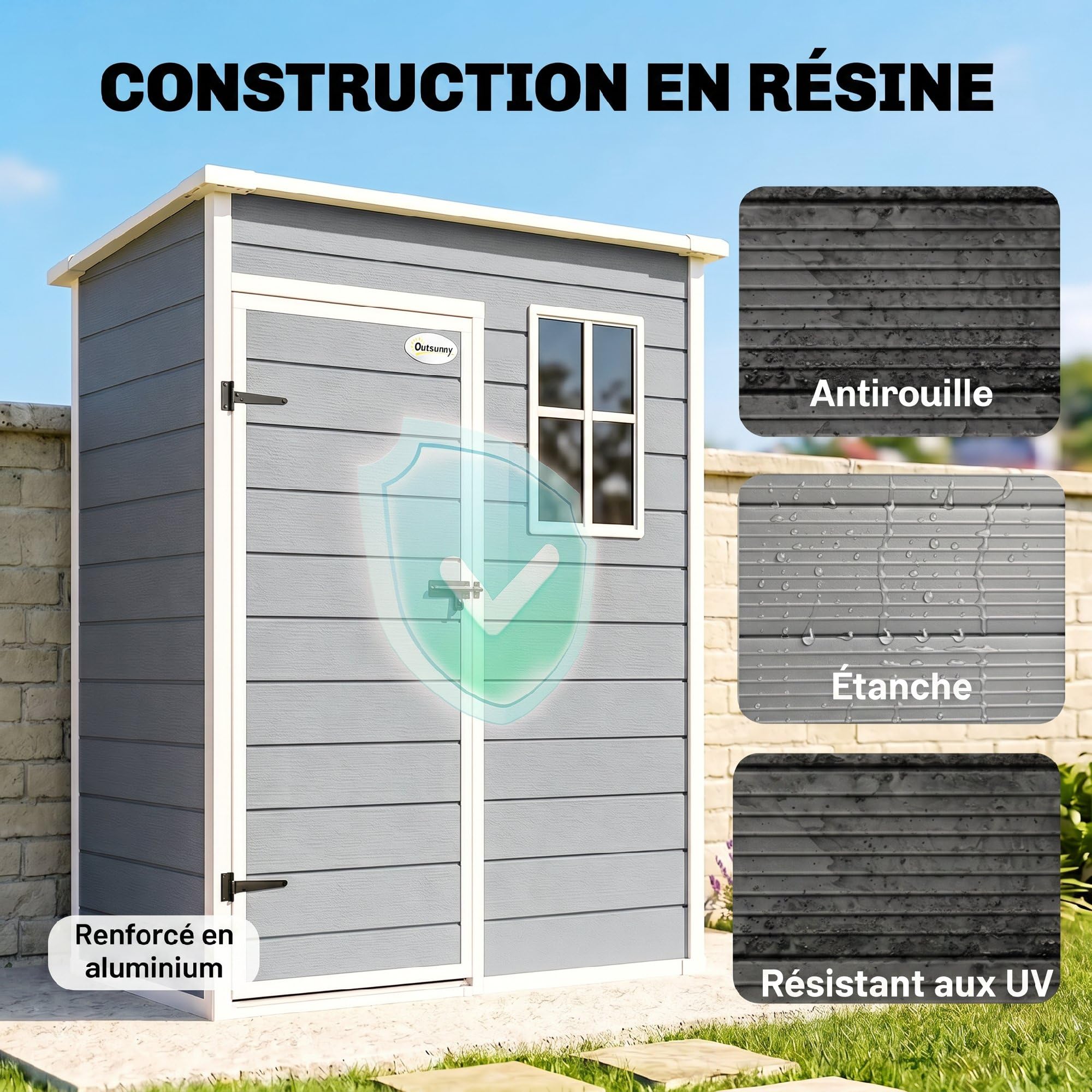 Outsunny Abri de Jardin 1,14 m² Aération Fenêtre 151L x 92l x 193H cm Gris | Cabane de Jardin pour Outils, Porte Verrouillable, Plastique