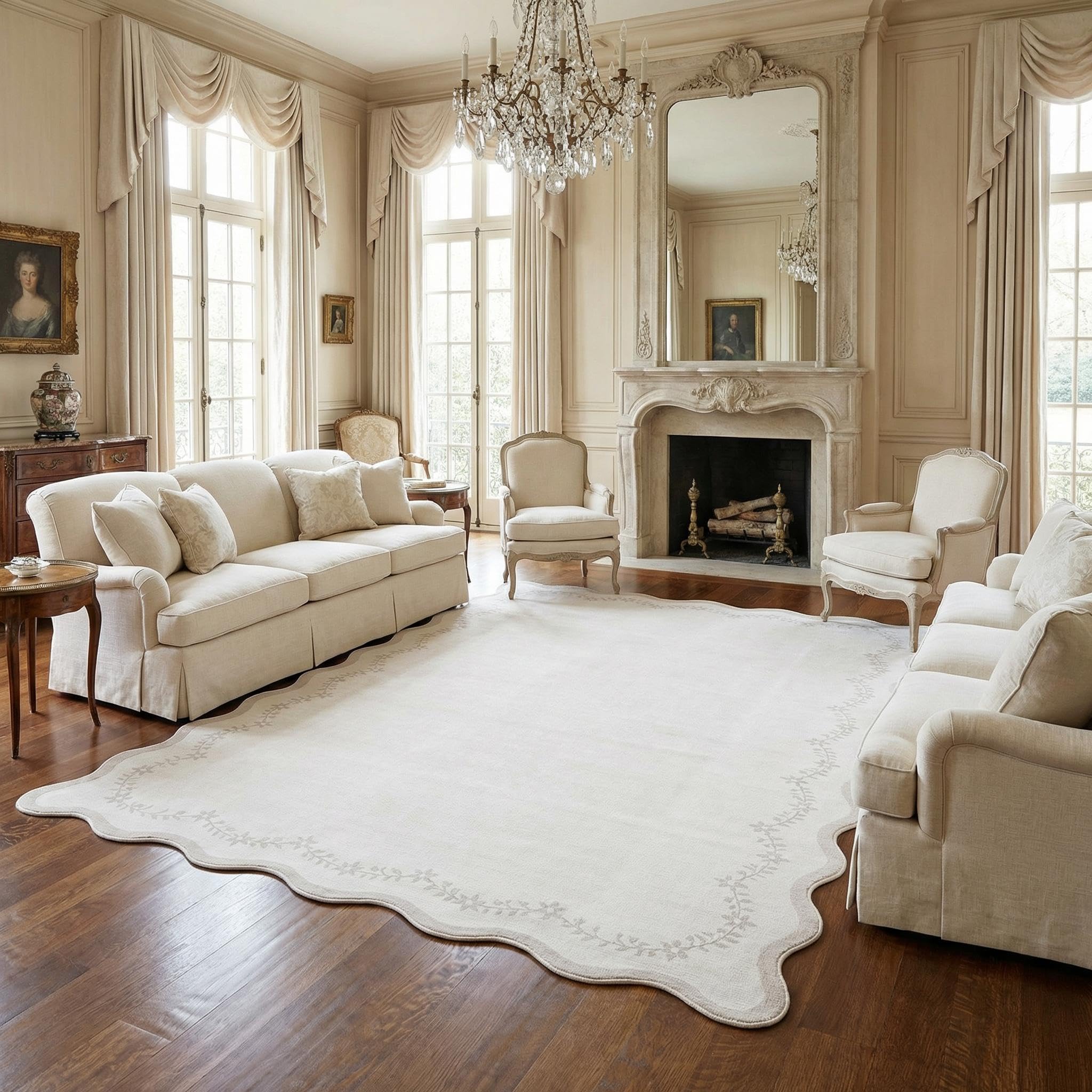 GarveeHome 5x7 Scalloped Area Rug Beige Neutral Washable Rugs for Living Room Bedroom, Soft Low Pile Non Slip Accent Floor Mat Solid Floral Print