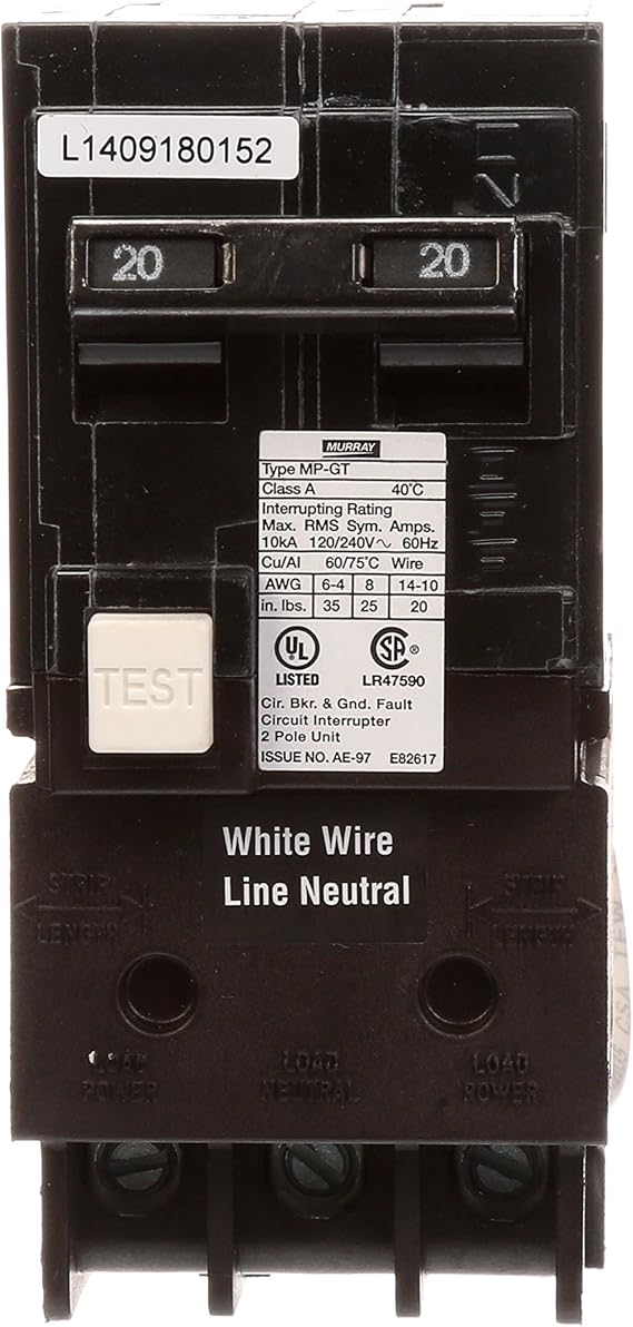 Murray MP220GFA 20 Amp 2-Pole Gfci Circuit Breaker with Self Test & Lockout Feature