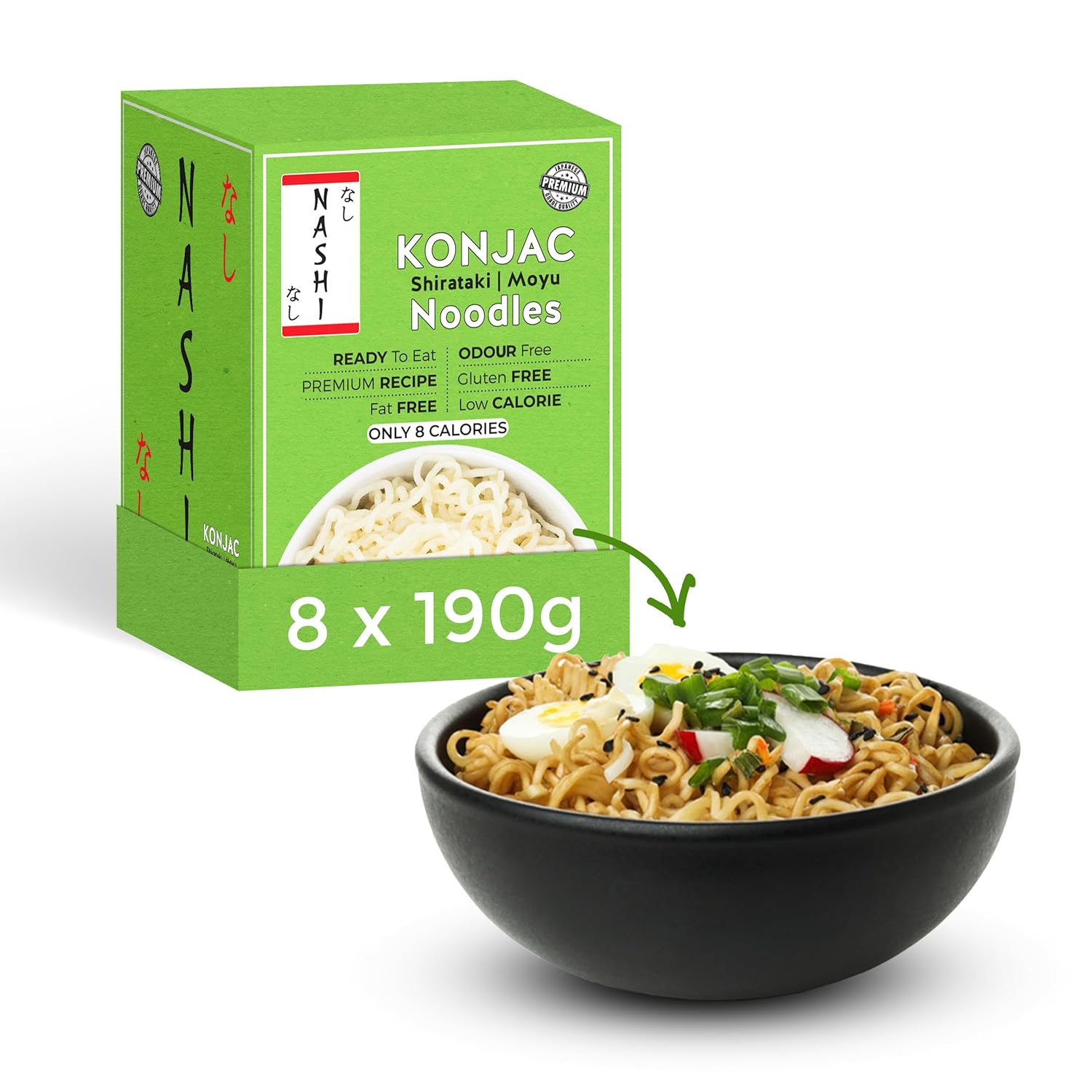Nashi Shirataki Konjac Premium Noodles - Low Fat, Glucomannan Premium Recipe, Keto friendly, Suitable for Vegan, Odour Free low calorie food | Ready to Eat | 53.61 oz (Pack of 8)