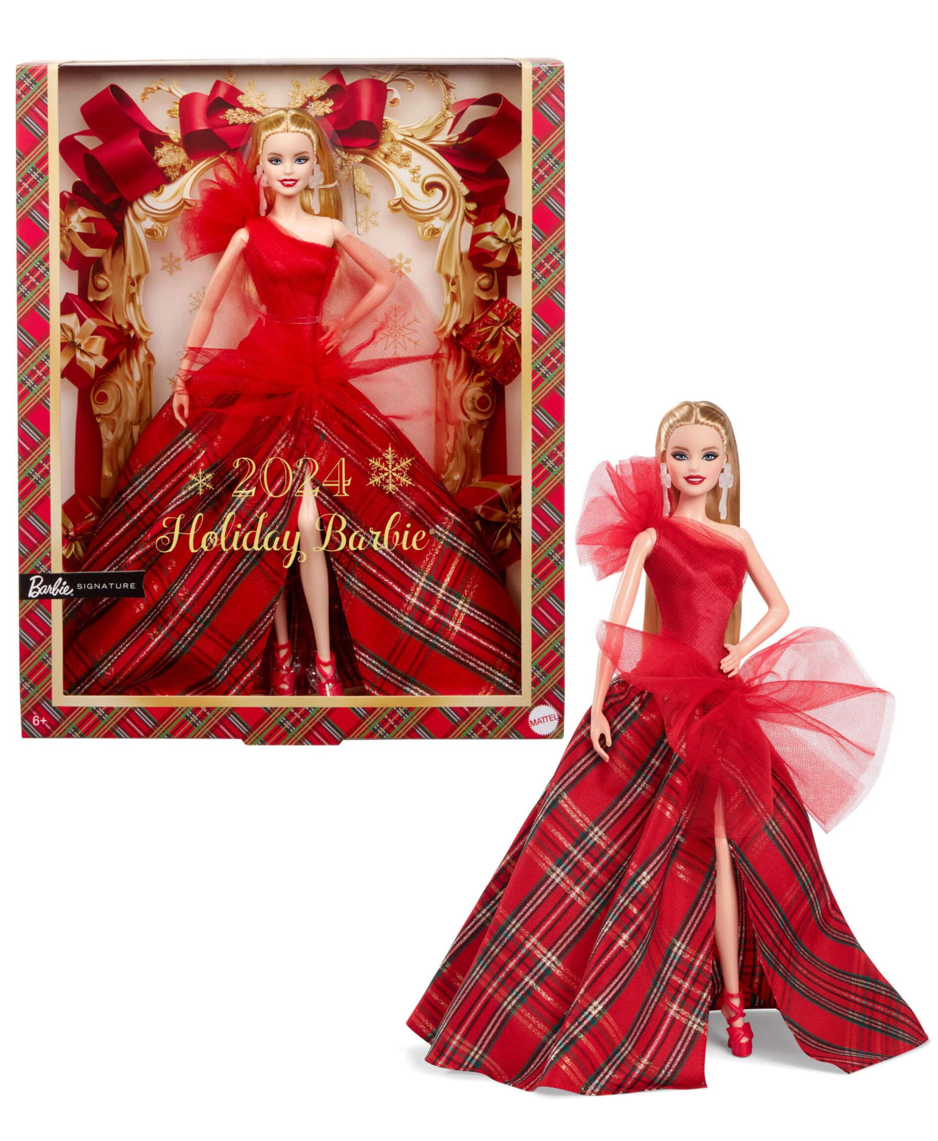 Barbie Signature Doll, 2024 Holiday Blonde Fashion Doll con abito e gonna a quadri, regalo stagionale da collezione in confezione da esposizione, HRM65