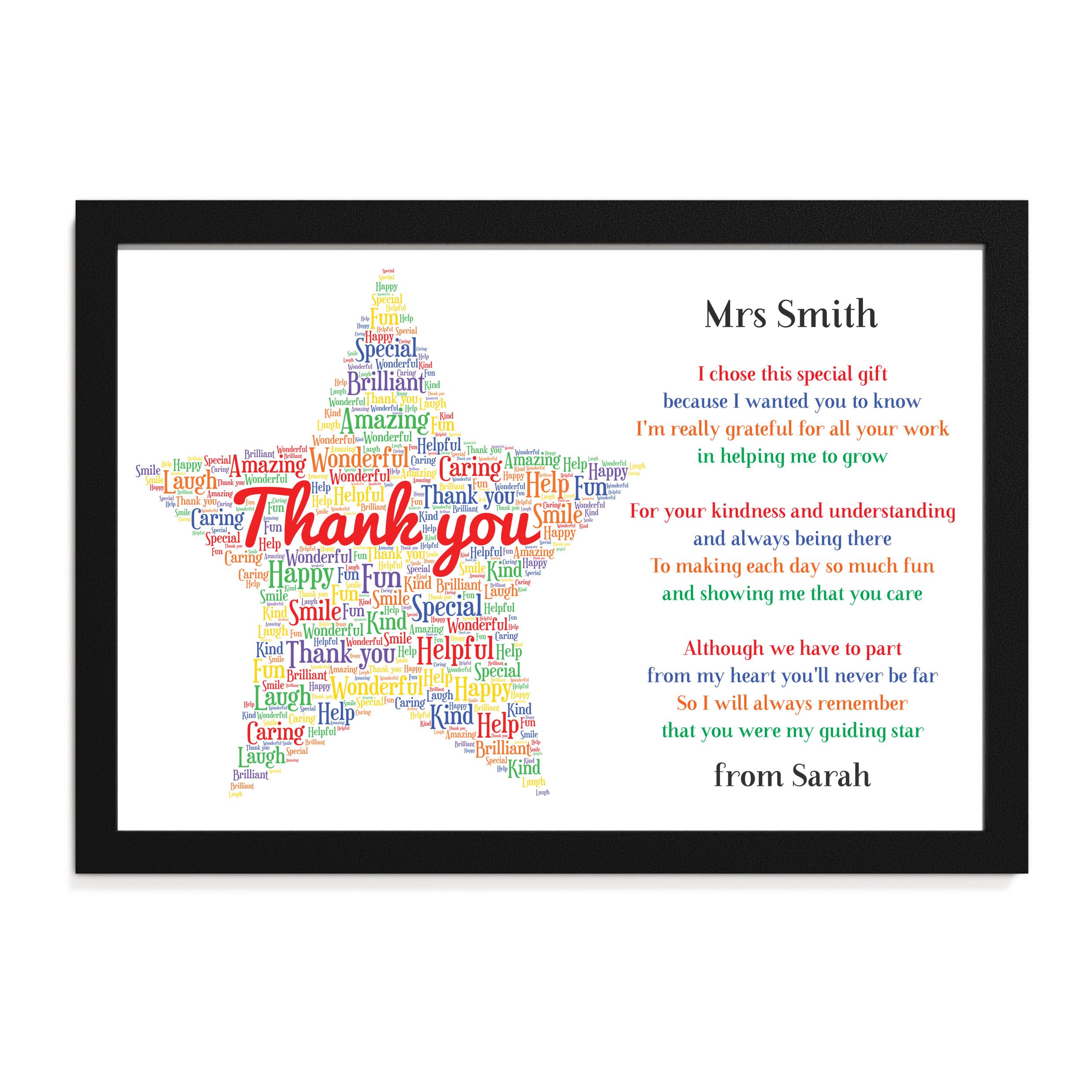 Beecreative Personalised Thank You Teacher Gift STAR School Teacher TA Nursery Leaving Poem - Gifts for Teachers, Teaching Assistants, Nursery Teachers - ANY NAME - A5 A4 Framed Prints (Personalised)