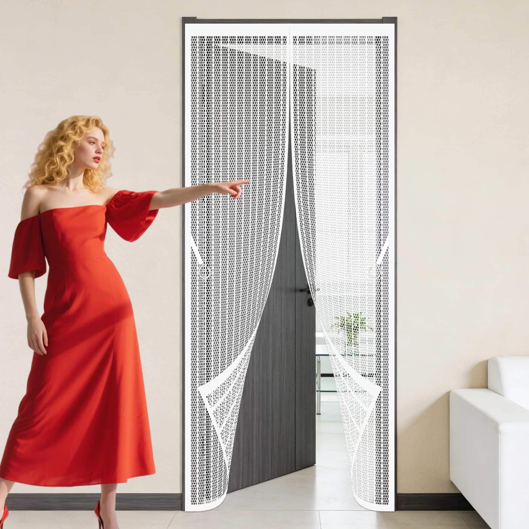 Door Screen 109 x 241 cm with Powerful Magnets and Full Frame Magic Tape Magnetic Door Curtain for Homes Hands Free Auto Closing Suitable for Patio Room Balcony Bedroom, White