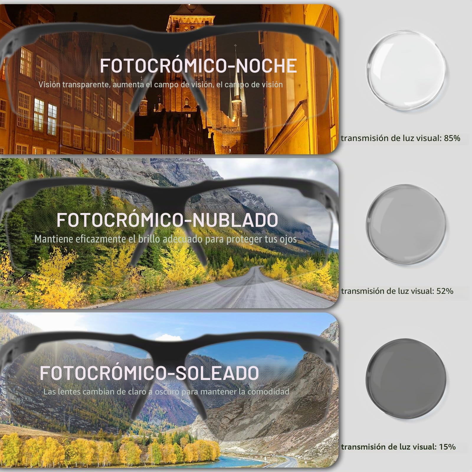 SCVCN Gafas de Ciclismo Fotocromáticas Hombre Mujer S86 | Montura TR90, almohadilla nasal ajustable para ciclismo y running.