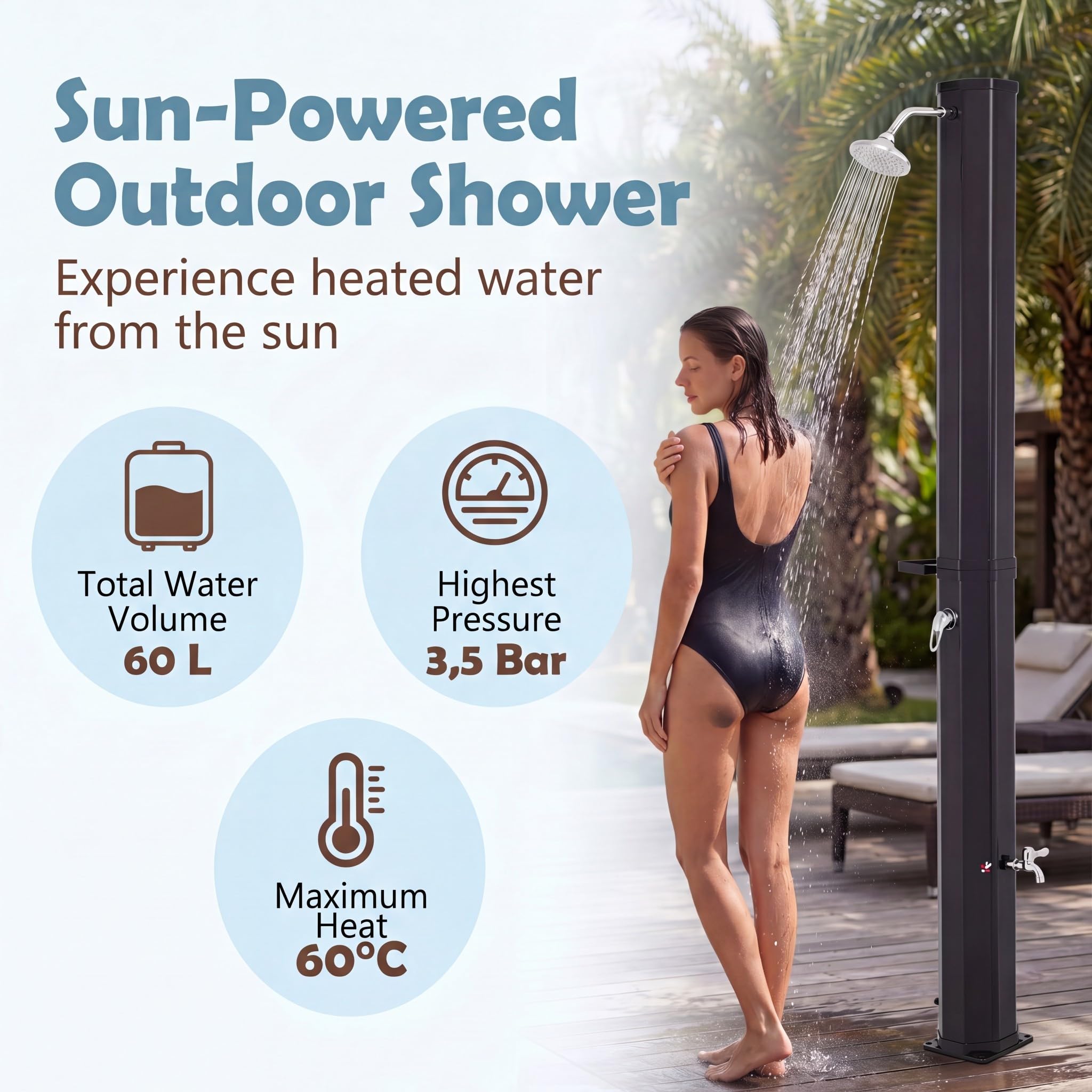 HOMASIS Douche Solaire Extérieure 60 L, Douche de Jardin avec Pommeau Pivotant 360°, Robinet pour Pieds, Porte-Savon, Housse de Protection, Eau Chaude jusqu'à 60°C, pour Piscine Camping Plage (Noir)