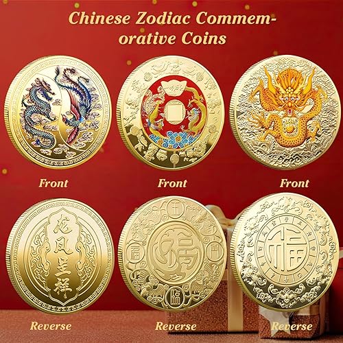 Miniatura 5 de 5 monedas chinas de la suerte de dragón chino y fénix, monedas del zodiaco chino, antiguas criaturas míticas chinas, dijes de la suerte, monedas de