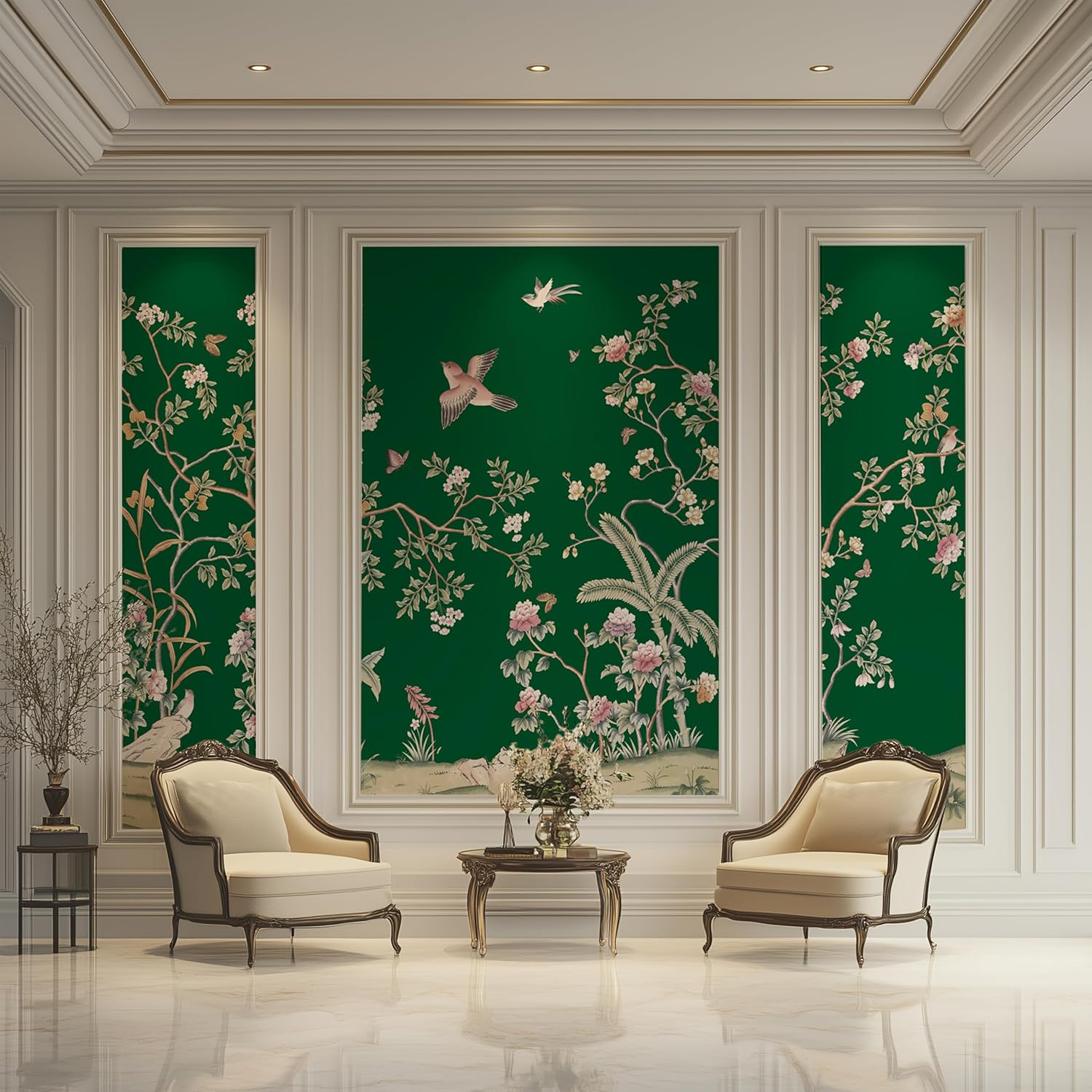 Self-Adhesive Peel and Stick Wall Mural | Floral & Bird Design with Tropical Green Background | Removable Canvas Wallpaper for Living Room, Bedroom, Office (A, W182'' x H120'')