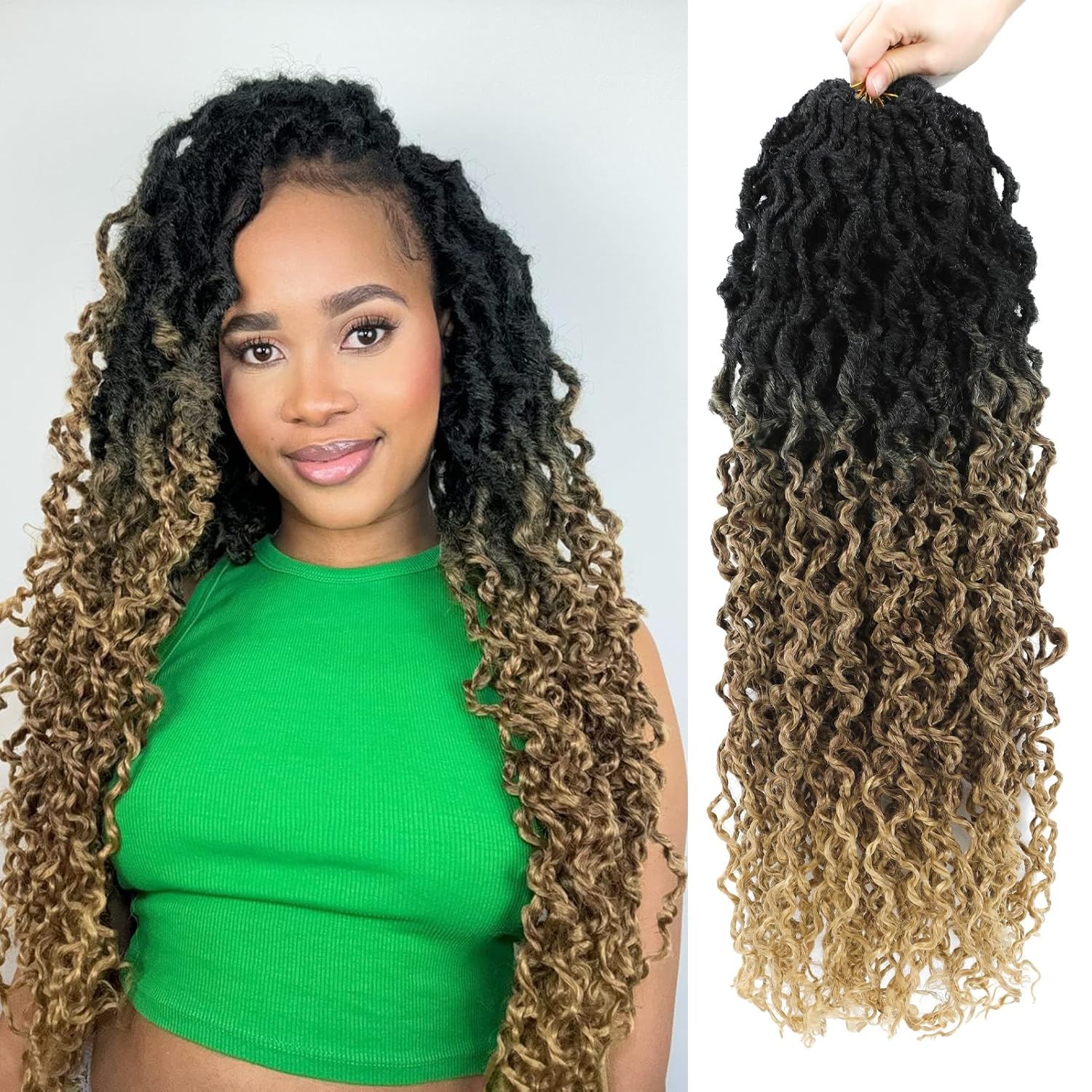 Goddess Locs Crochet Hair 24 Inch 7 Packs Boho Locs Croceht Hair Queen Locs with Twist Hair Black to Brown Blonde Ombre Curly Faux Locs Wavy Ends Pre Looped Crochet Hair for Women 24 Inch(7 Packs) OT30/27#