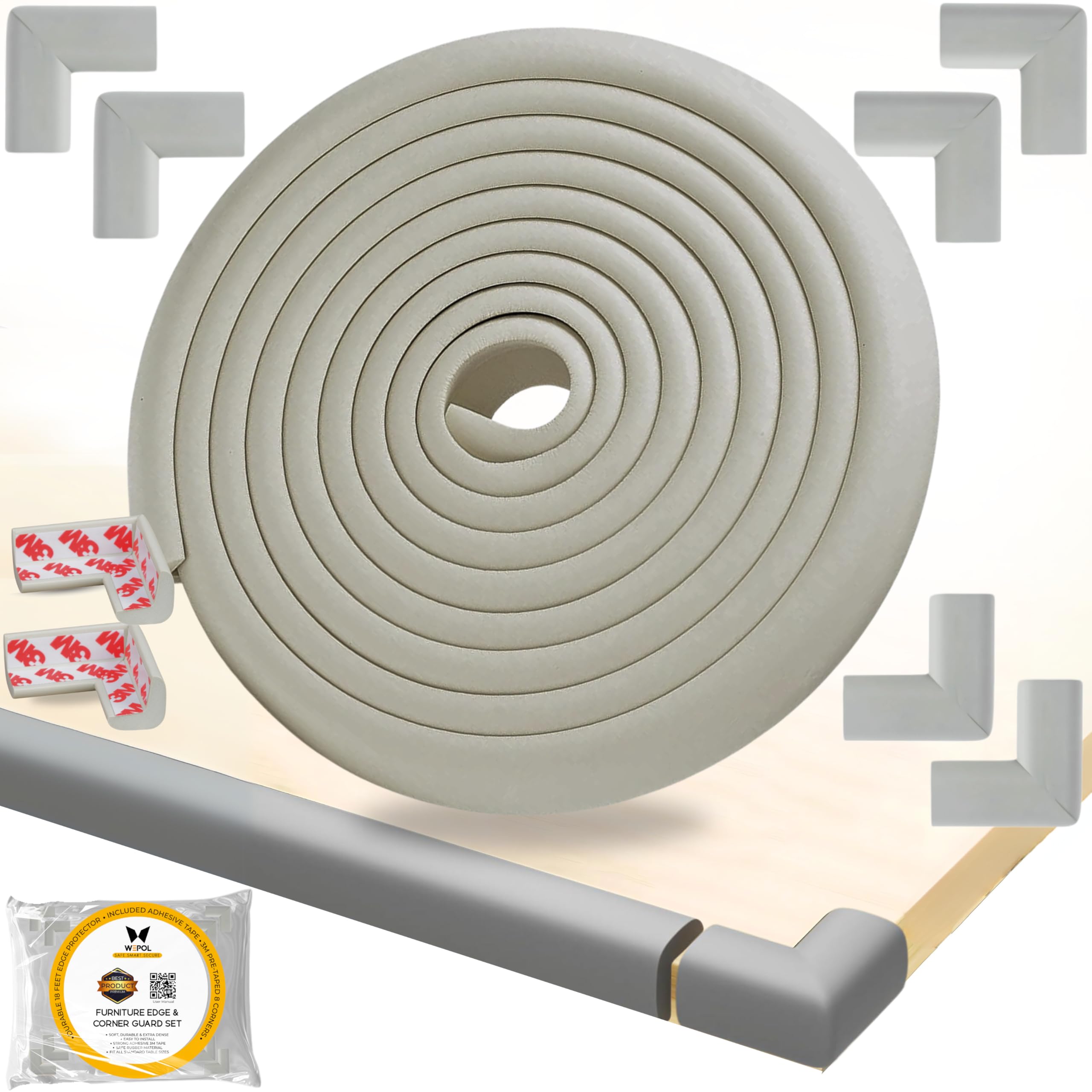 Table Edge Protector for Baby Proofing (18ft Edge+8 Corners) Baby Proof Corners and Edges Guard, Soft NBR Rubber Foam 3M Adhesive, Furniture Corner &