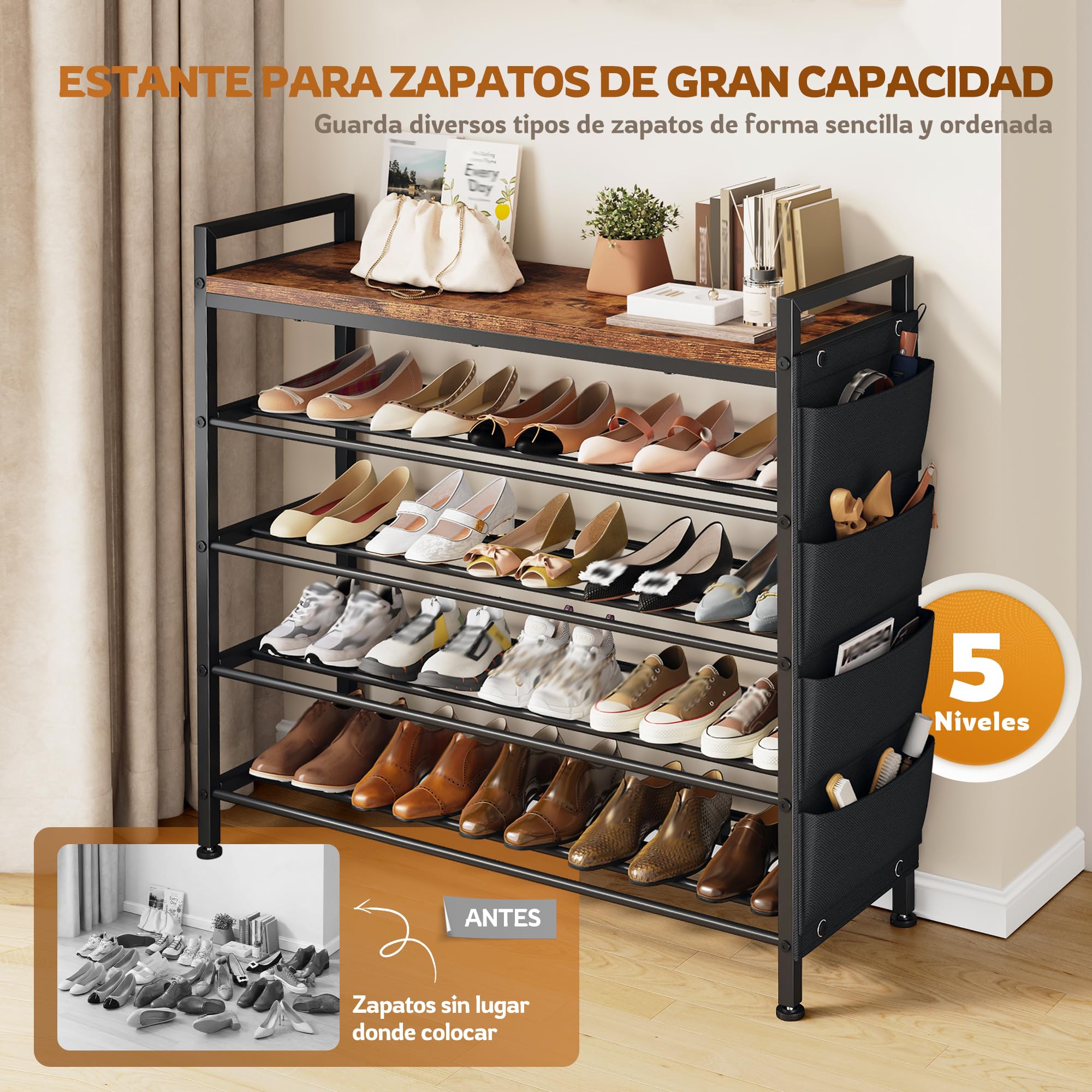 Zapatero Estrecho 5 Niveles, Zapatero metalico Madera sólido y fácil de Limpiar, Zapatero Entrada recibidor con Bolsillos Laterales, para 16-20 Pares, 30 x 76 x 96,5 cm, para Entrada y Pasillo