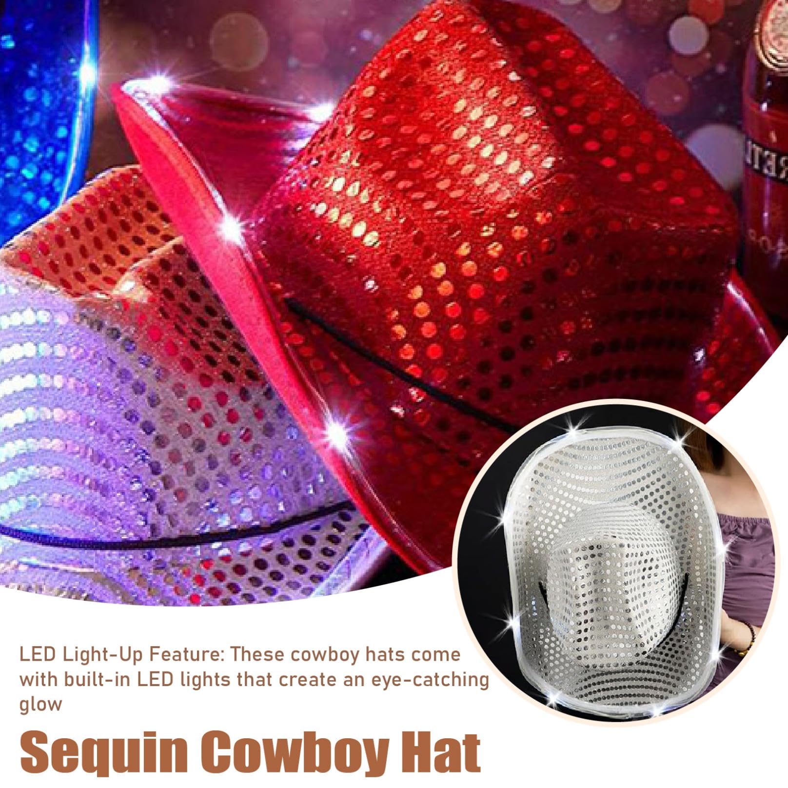 2 cappelli da cowboy con paillettes, cappello da cowboy con luci a LED scintillanti, stile occidentale, discoteca, per carnevale, feste a tema, spettacoli di danza