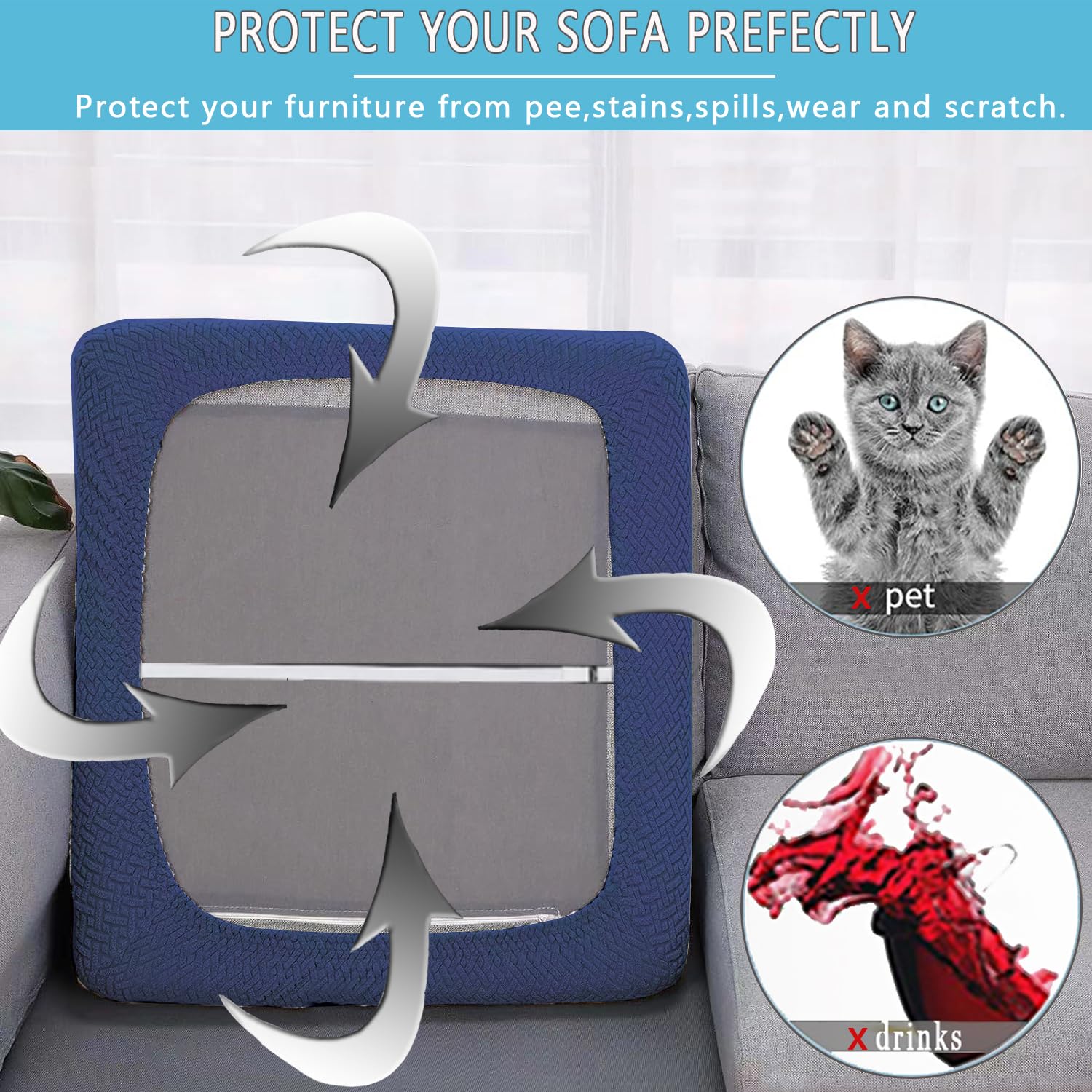 SHANNA Sofa Seat Cushion Slipcovers: 3Pcs Modern Couch Cushion Cover Waterproof Patio Cushions Latest Couch Cushion Slipcovers,for Sofa Pets (Navy Blue) - Image 3