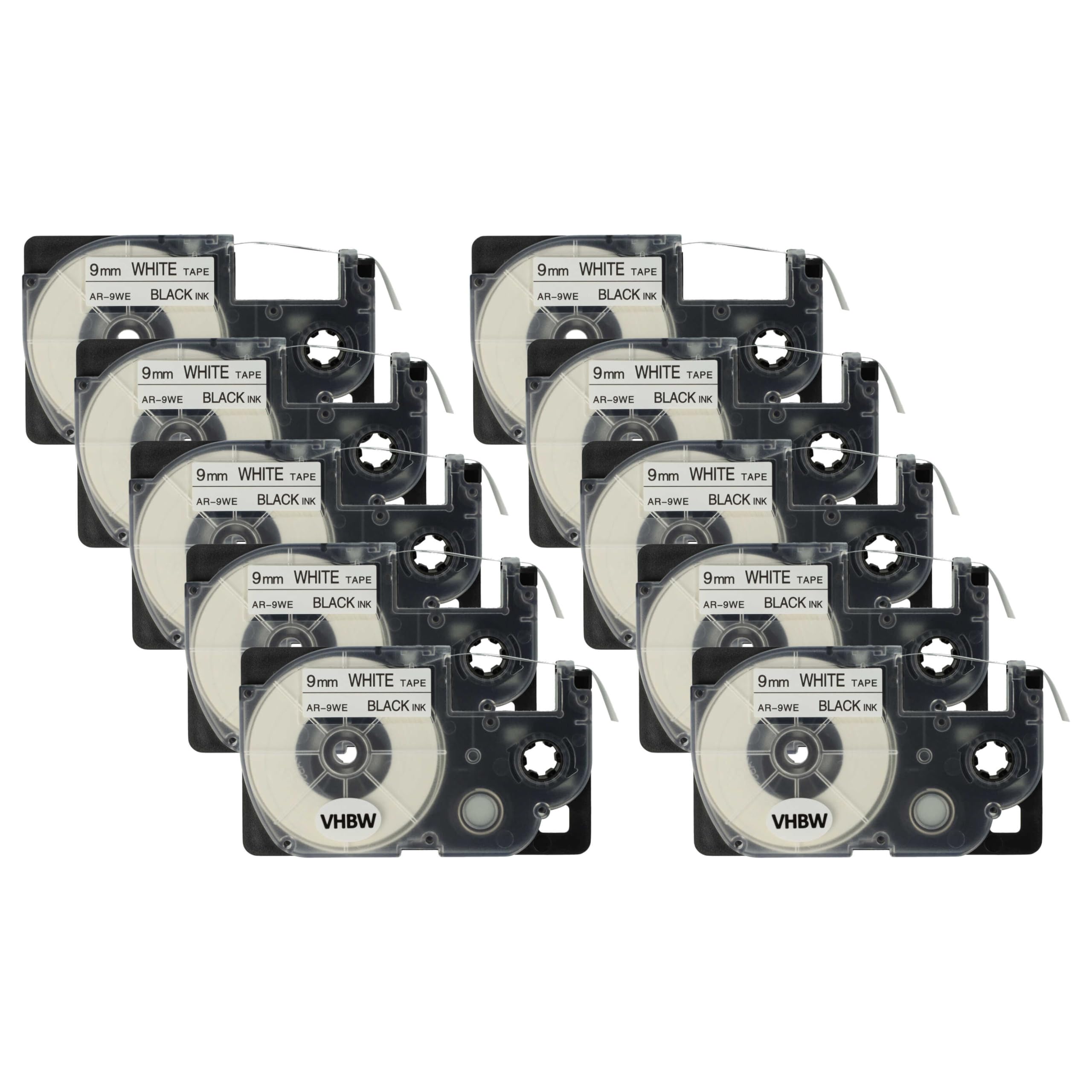 vhbw 10x Schriftband-Kassette Ersatz für Casio XR-9WE | XR-9WE1 für Etiketten-Drucker 8m x 9mm Schwarz auf Weiß