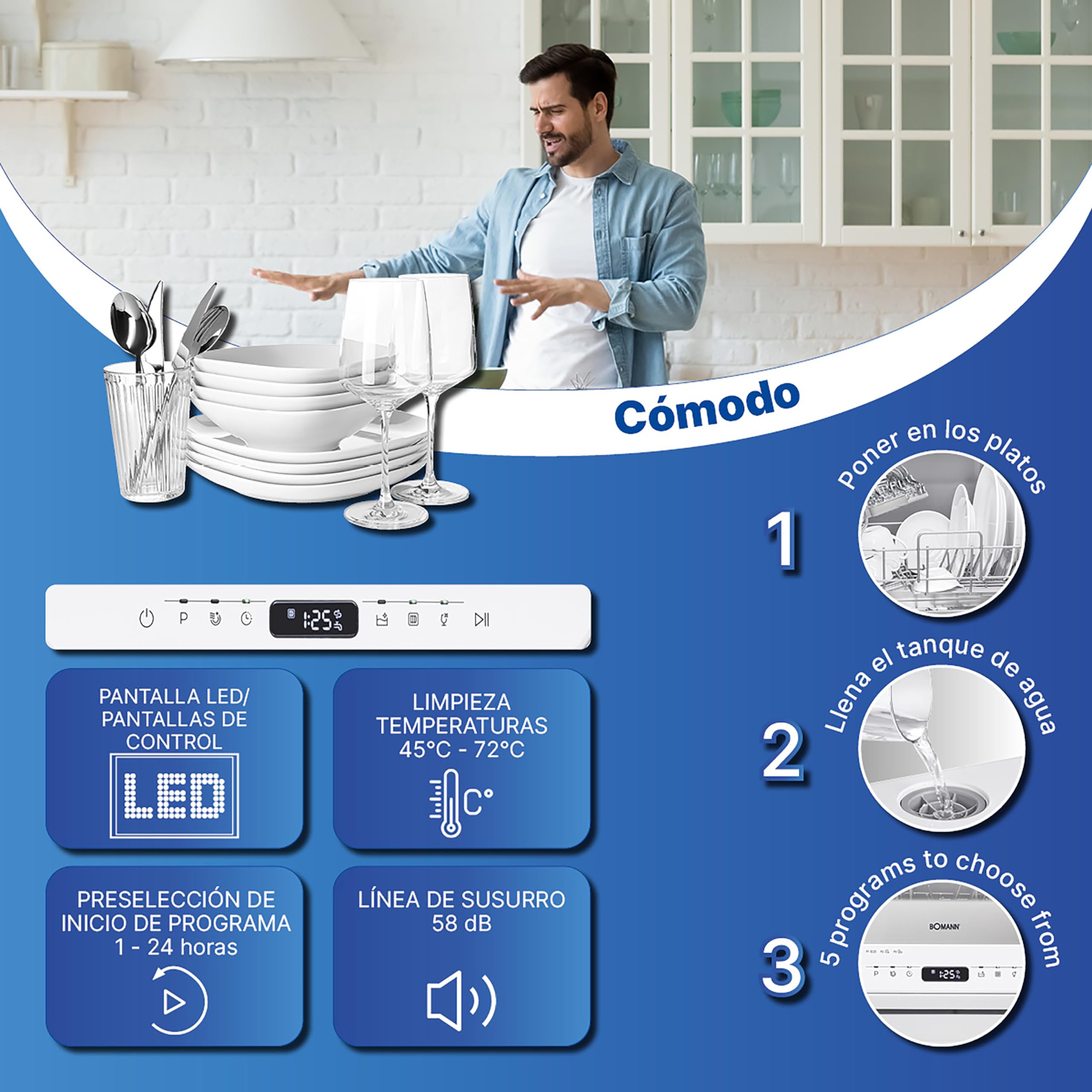 Bomann TSG 757010 Mini lavavajillas con o sin conexión de agua 5 programas Depósito de agua de 5L e iluminación interior 2 niveles de chorro Blanco