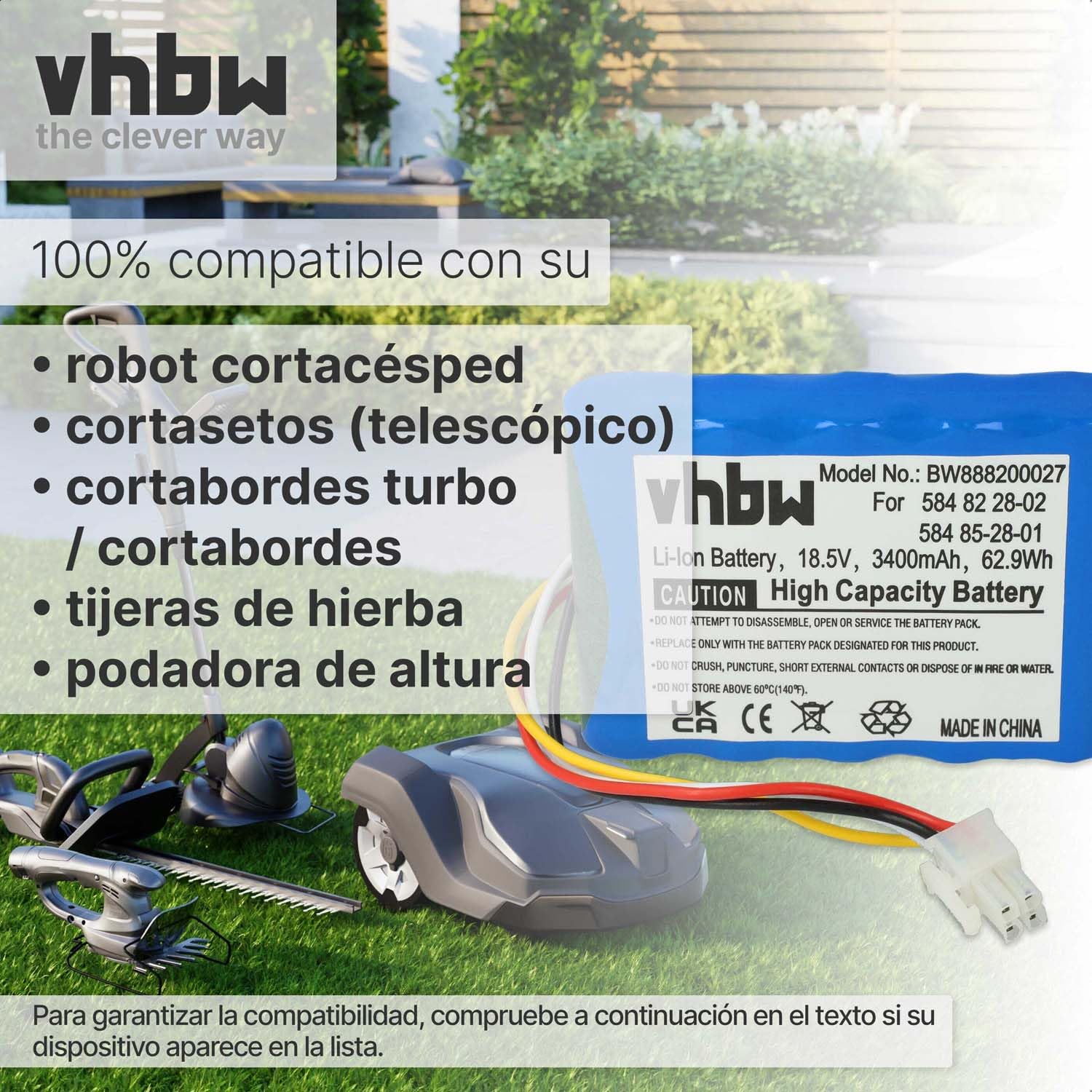 vhbw Batería Compatible con Gardena Sileno - R100Li, Sileno - R100LiC, Sileno City 250 15001 cortacésped 3400mAh 18,5V Li-Ion