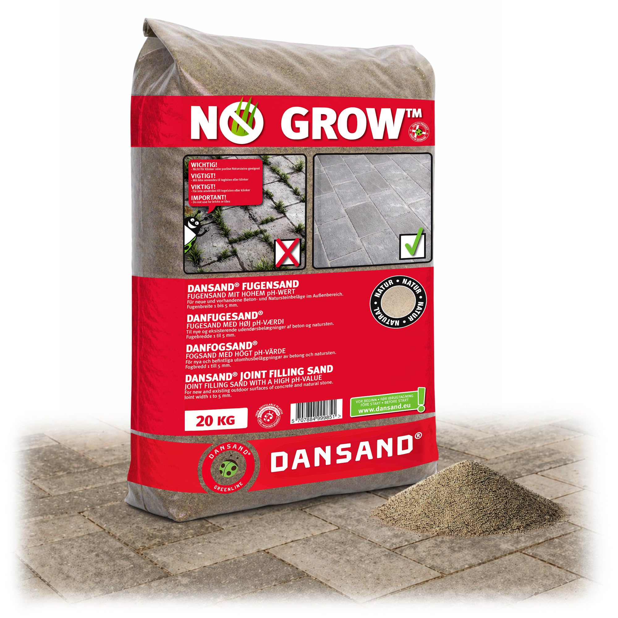 Dansand No Grow Kiln Dried Sand for Block Paving 20kg | Patio Joint Gap Filler with Weed Inhibitor | Jointing Silica Sand for Pavers, Driveways & Slabs | Beige