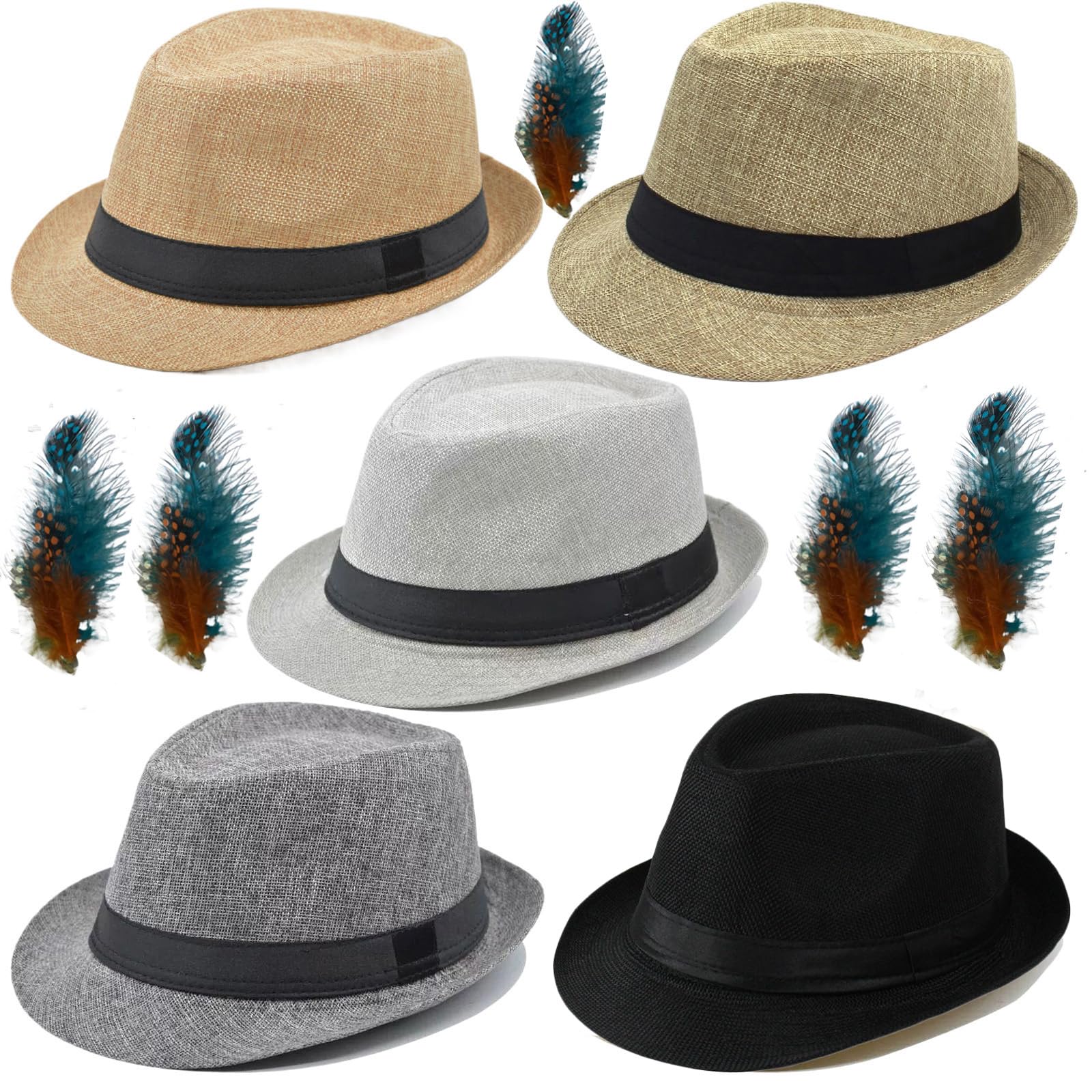 Photo 1 of 5 Pack Bulk Cuban Fedora Sun Hats Men with Adjustable Strap, Short Brim 1920s Unisex Party Costume Hats Women. (Polyester, D.Grey+L.Grey+Khaki+Beige+Cream Beige(Size:L-XL))
