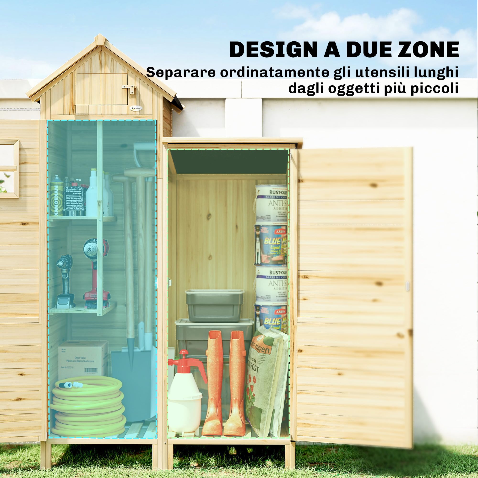 Outsunny Armadio da Giardino in Legno di Abete Design a Doppia Zona, Casetta Porta Attrezzi da Esterno con Ripiani Amovibili, Finestre, Porte, Tetto Asfaltato Inclinato, 106x57x167 cm, Color Legno