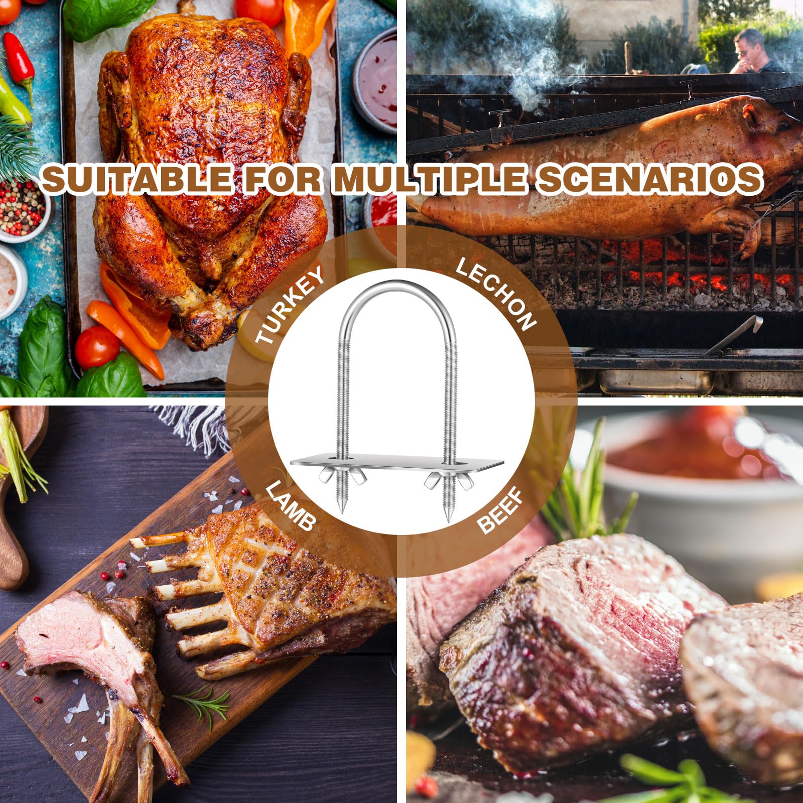Confezione da 4 forchette per girarrosto in acciaio inox, bulloni a U per spina dorsale di maiale, lunghezza 14 cm, larghezza 5,1 cm, asta per spiedo, accessori per griglia per barbecue