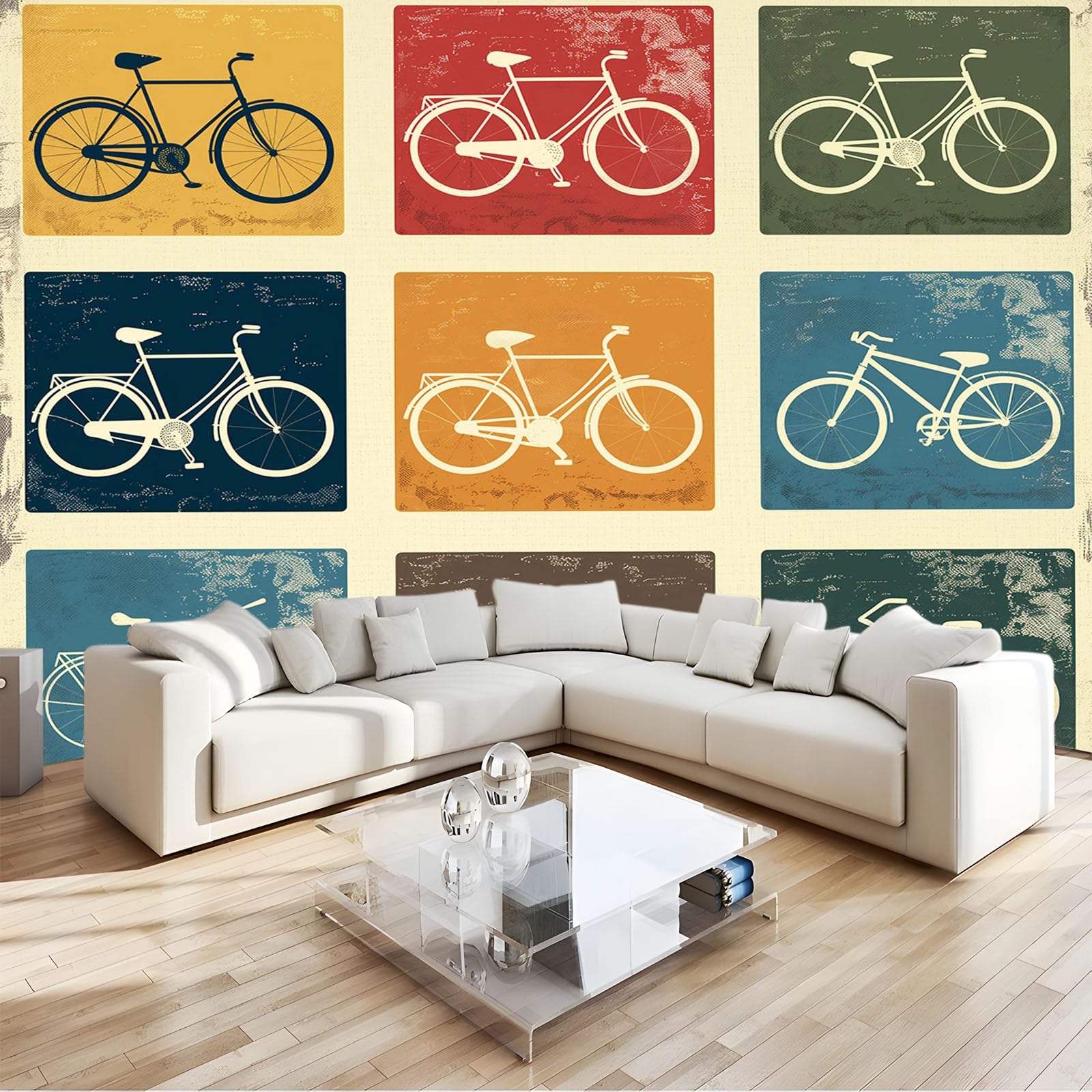 Papier Peint 3D Vélo Rétro pour Habiller un Grand Mur de Salon Blanc Épuré