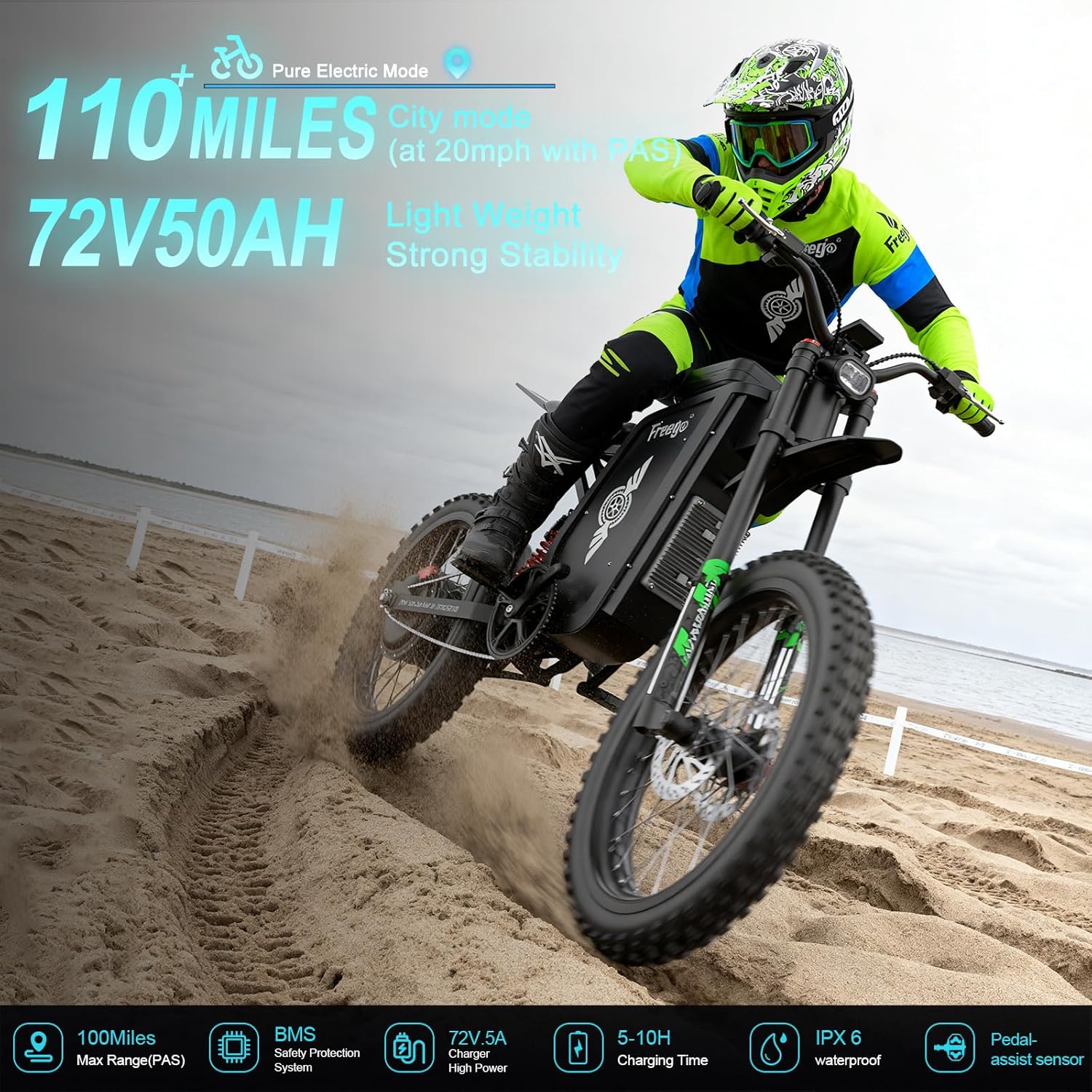 Freego X3 Electric Motorcycle Bike for Adults,Electric Dirt Bike 8000W(Peak) Motor 72V/50Ah Removable Battery, 56MPH Off Road Electric Mountain Bike, 230 N·m Torque Full Suspension Hydraulic Brake