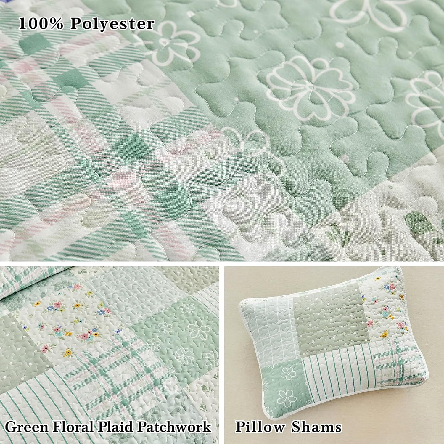 Flysheep Floral Patchwork Quilt Set King Size, 3 Pieces Green Flower Plaid Bedspread Coverlet Set, Lightweight Soft Microfiber Bed Cover for All Season (102" x 90", 1 Quilt+ 2 Pillow Shams)