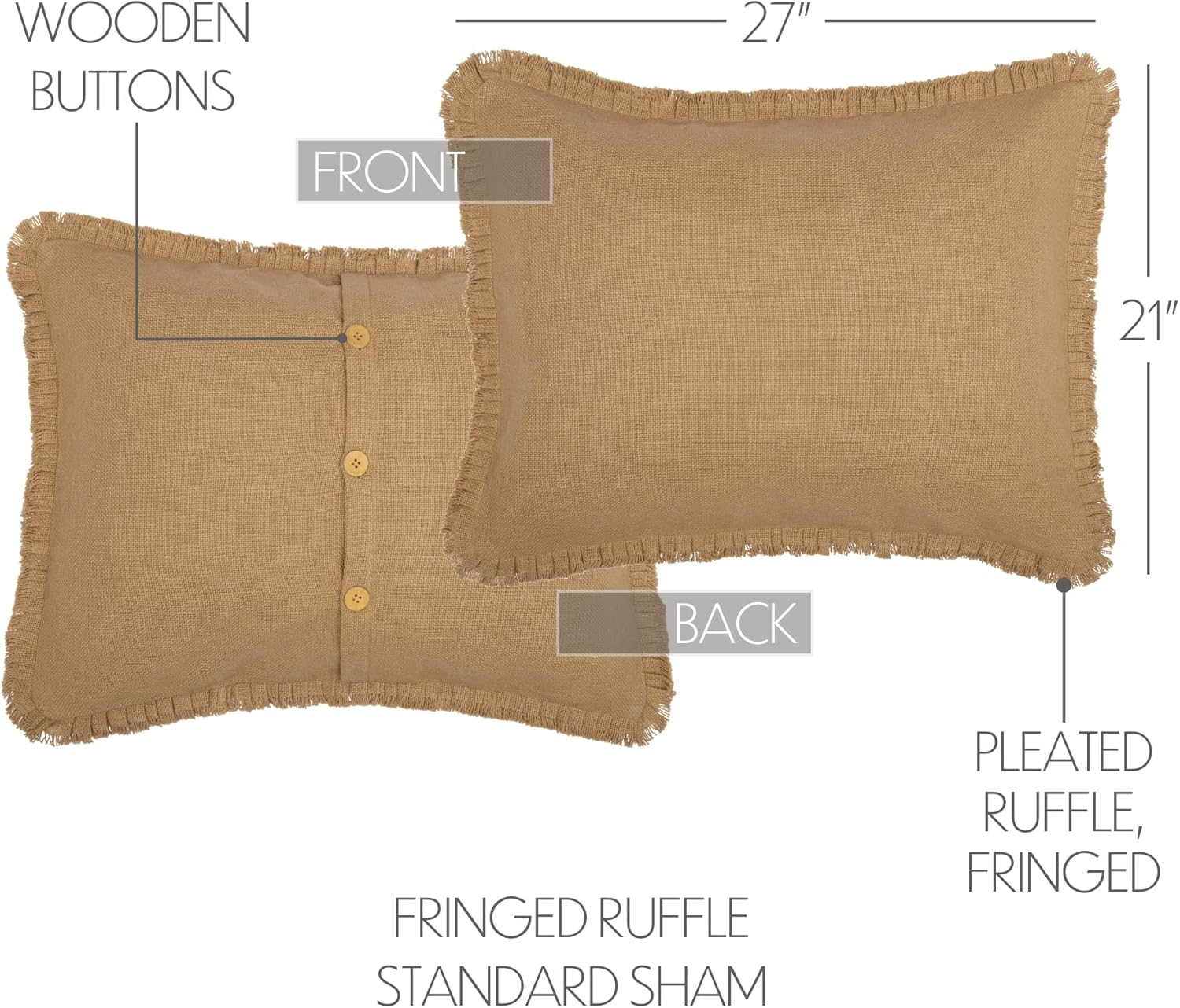 VHC Brands Burlap Pillow Sham Cover with Fringed Ruffle Cotton Farmhouse Decor Button