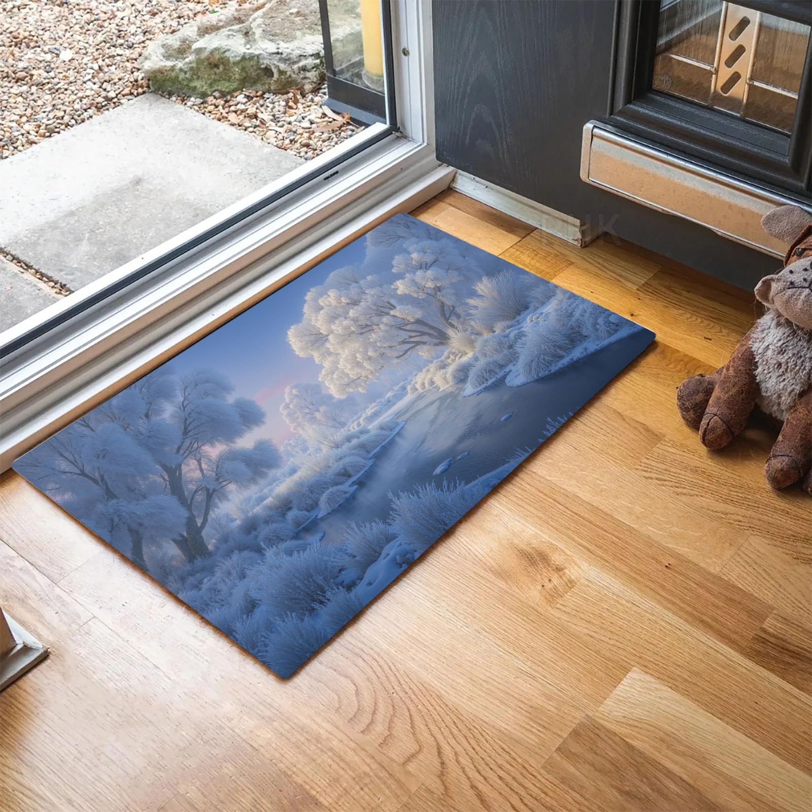 Waschbar Fußmatte Bäume Bäche - 80x120cm -Willkommen Fussmatte Ruhige Winterlandschaft rutschfeste Fußmatte für den Eingang für Hauseingänge, Flure, Außentüren